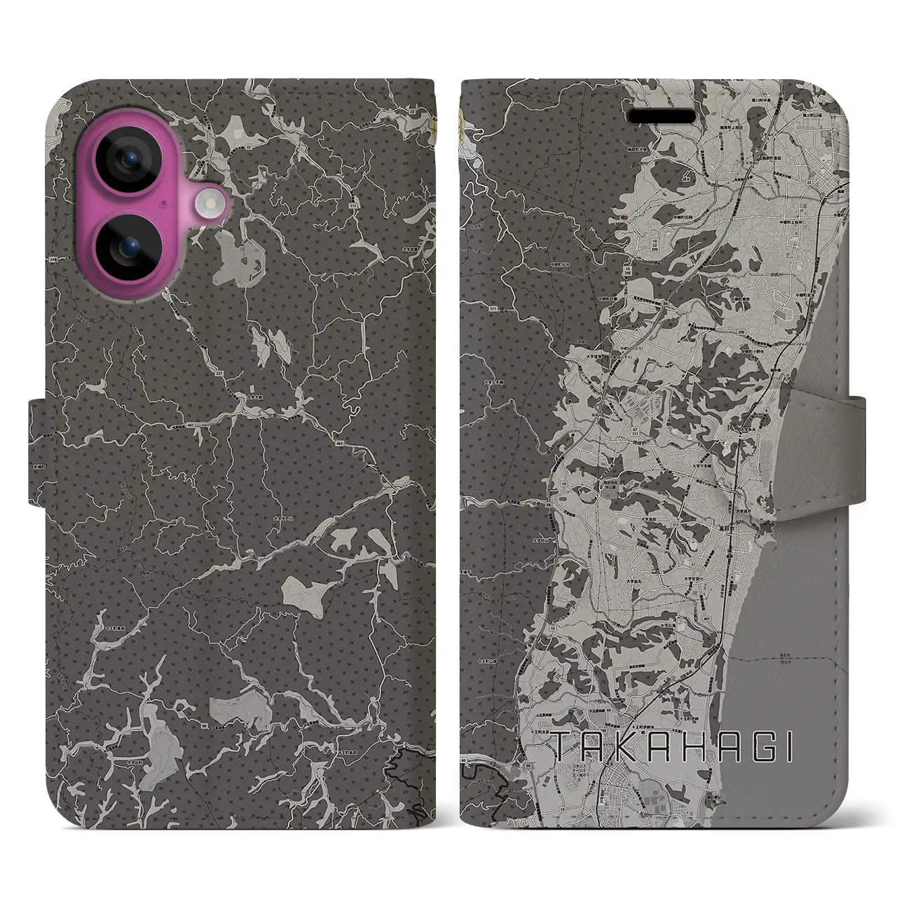 【高萩(茨城県)】地図柄iPhoneケース(手帳タイプ)モノトーン・iPhone 16 Pro 用