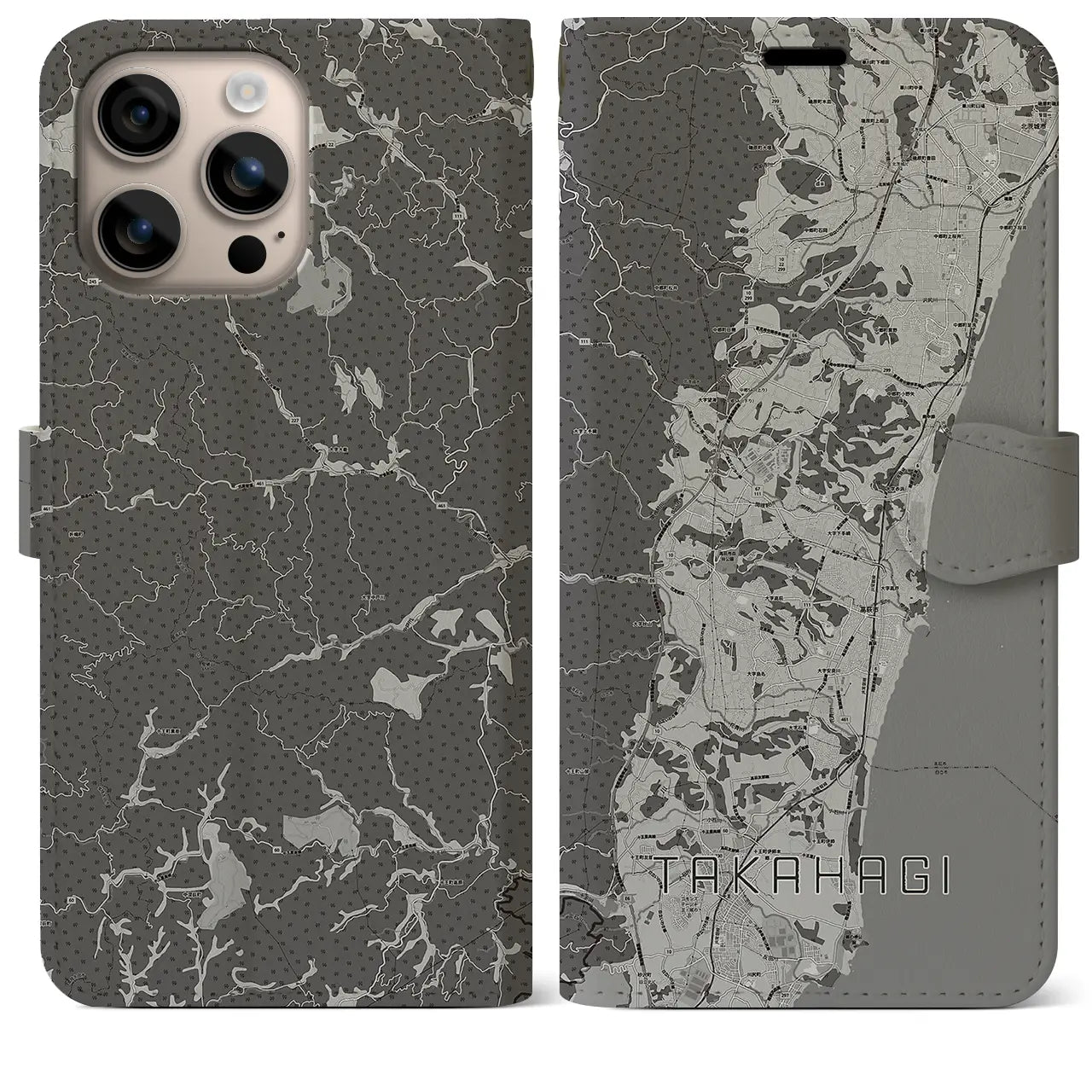 【高萩(茨城県)】地図柄iPhoneケース(手帳タイプ)モノトーン・iPhone 16 Plus 用