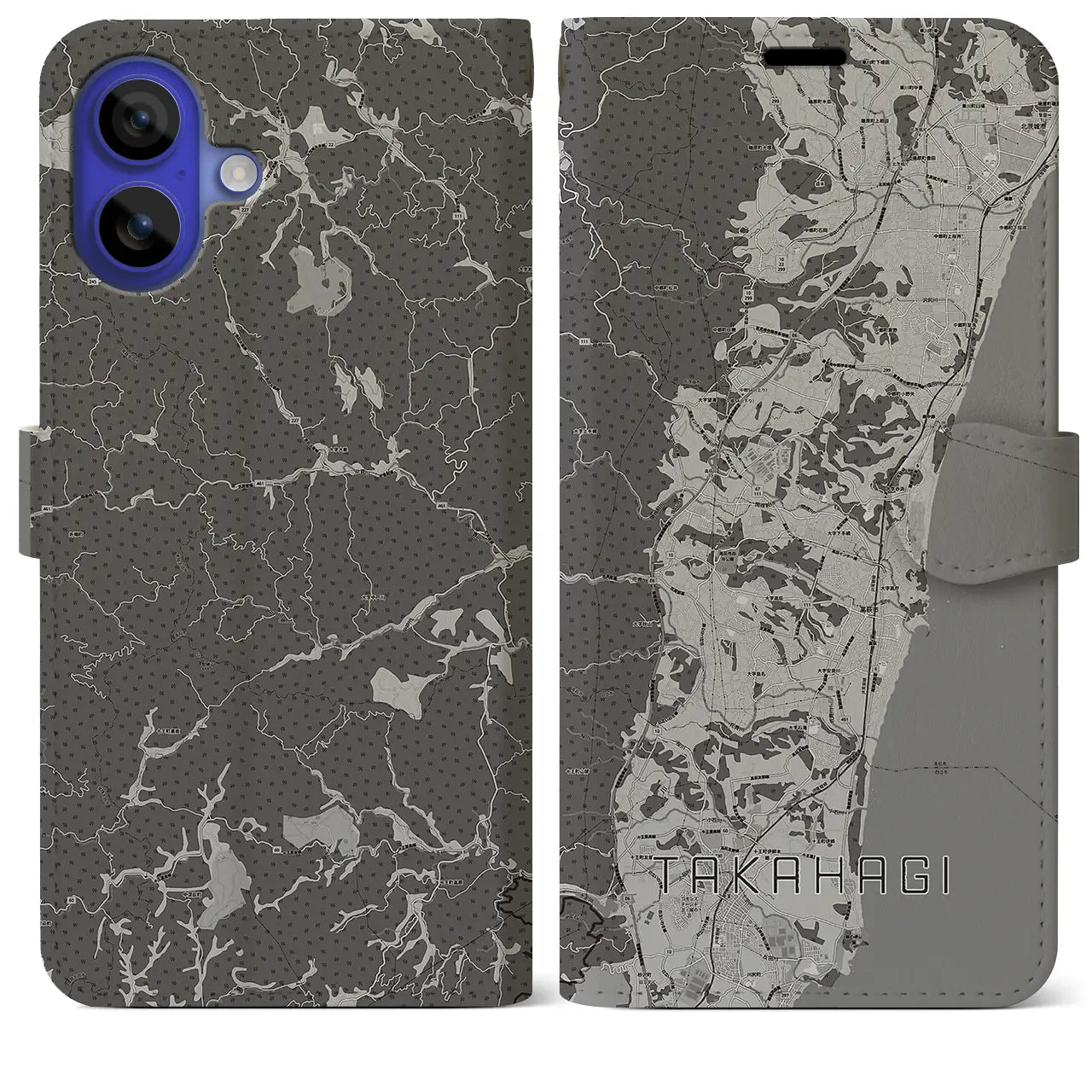 【高萩(茨城県)】地図柄iPhoneケース(手帳タイプ)モノトーン・iPhone 16 Pro Max 用