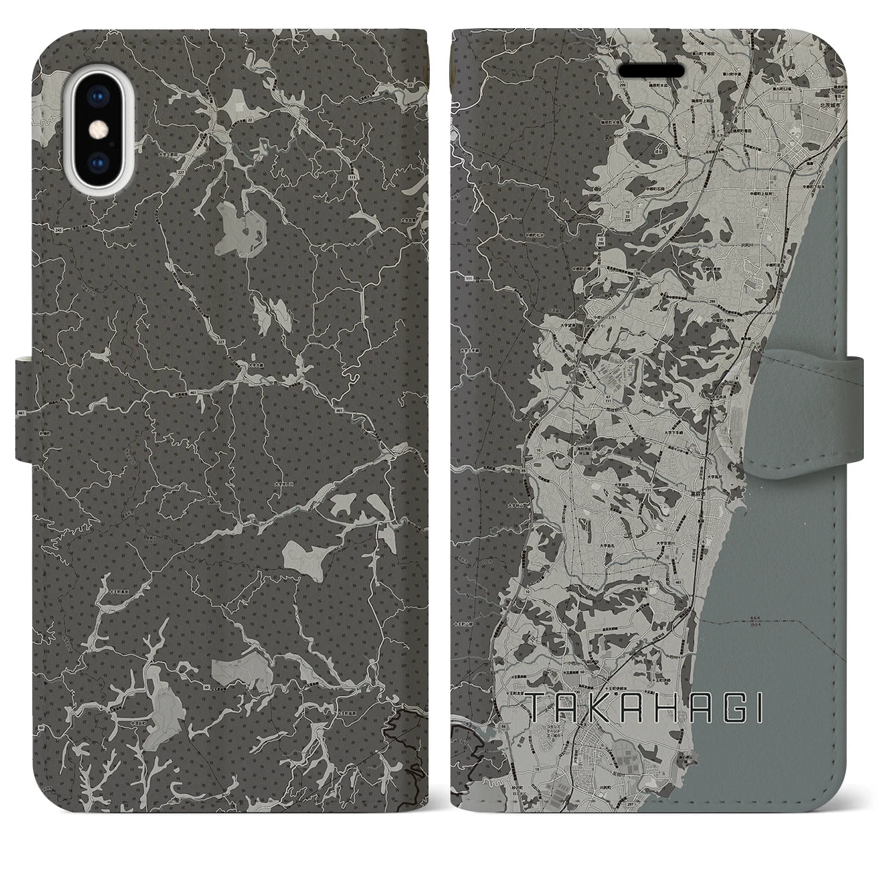 【高萩(茨城県)】地図柄iPhoneケース(手帳タイプ)モノトーン・iPhone XS Max 用