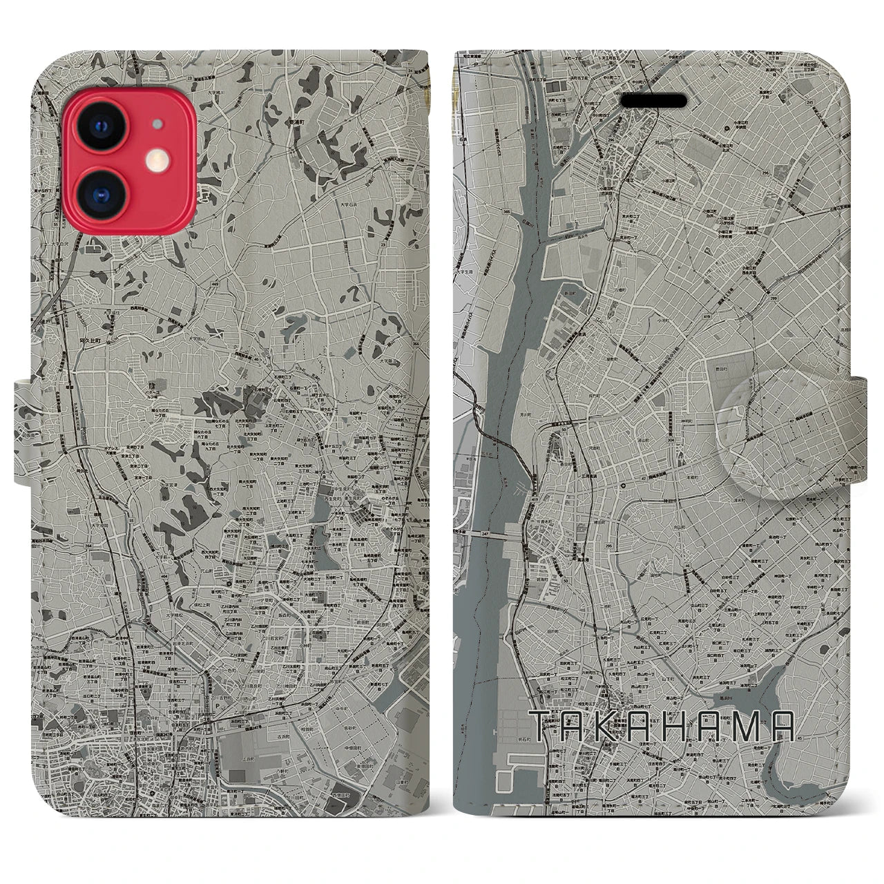 【高浜(愛知県)】地図柄iPhoneケース(手帳タイプ)モノトーン・iPhone 11 用