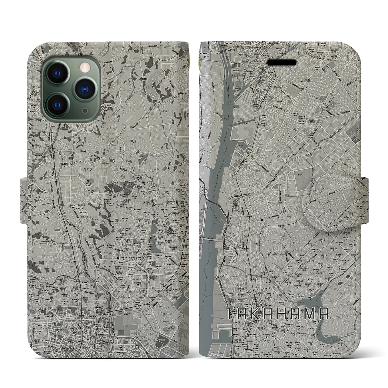 【高浜(愛知県)】地図柄iPhoneケース(手帳タイプ)モノトーン・iPhone 11 Pro 用