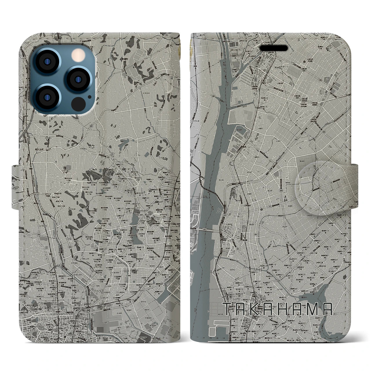 【高浜(愛知県)】地図柄iPhoneケース(手帳タイプ)モノトーン・iPhone 12 / 12 Pro 用