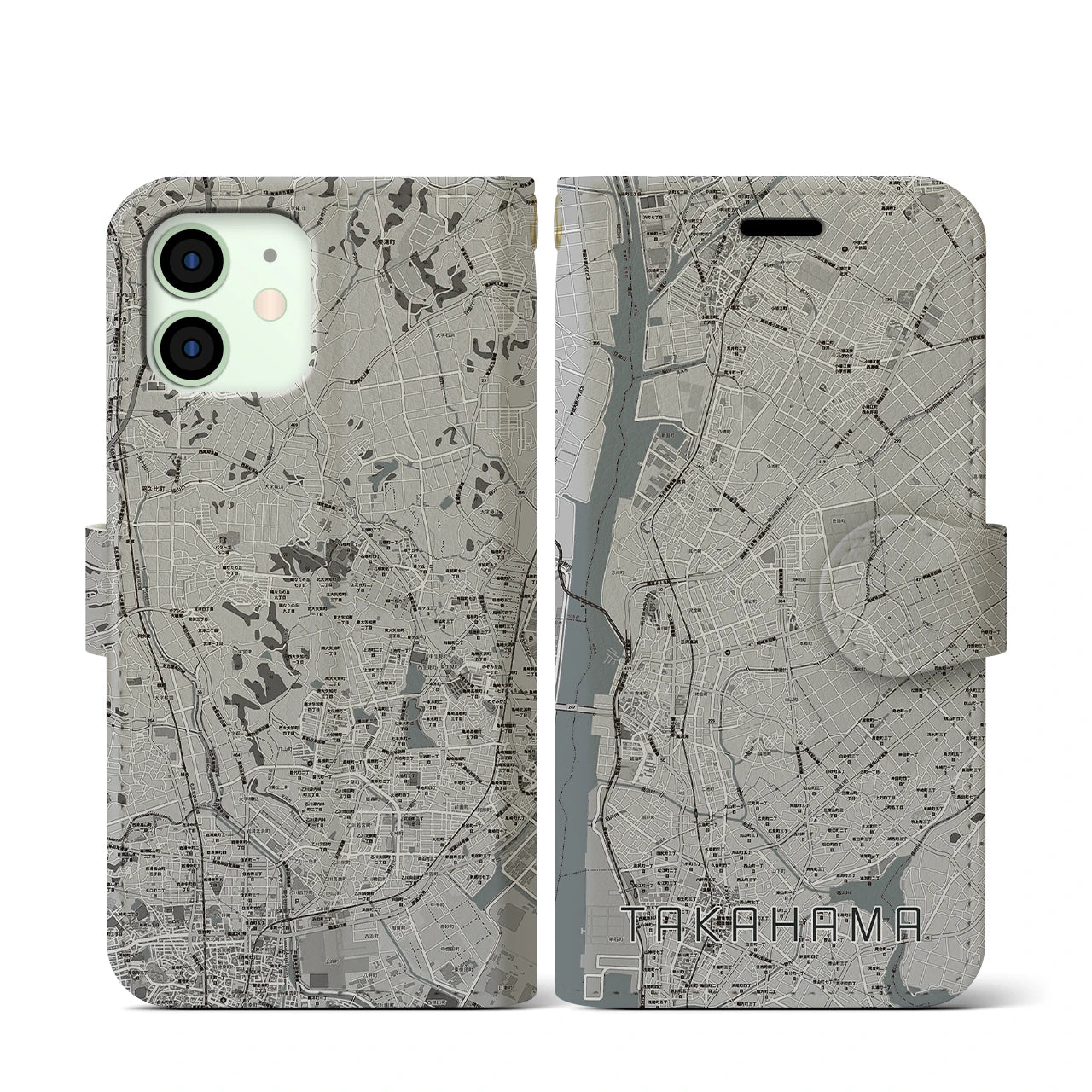 【高浜(愛知県)】地図柄iPhoneケース(手帳タイプ)モノトーン・iPhone 12 mini 用
