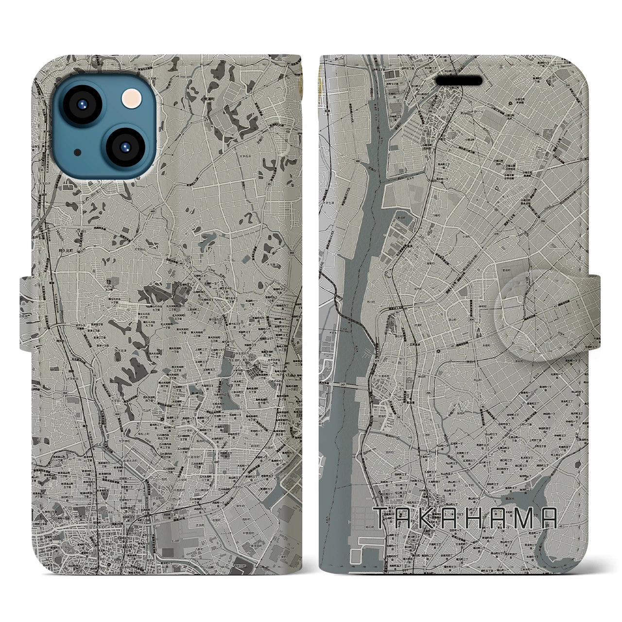 【高浜(愛知県)】地図柄iPhoneケース(手帳タイプ)モノトーン・iPhone 13 用
