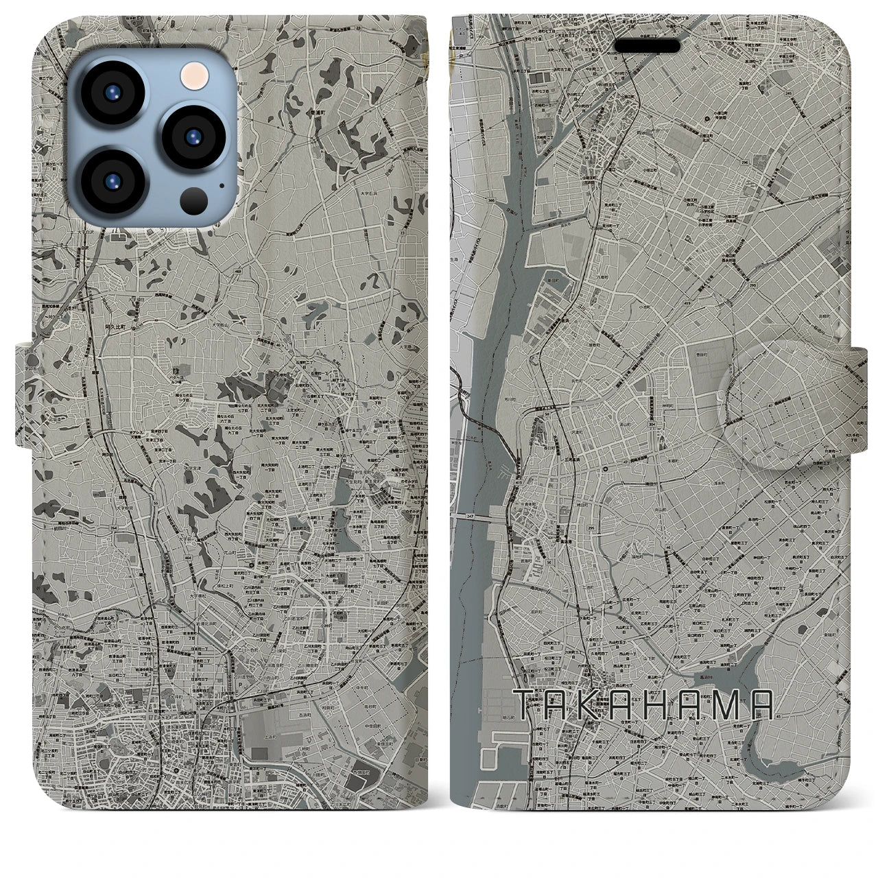 【高浜(愛知県)】地図柄iPhoneケース(手帳タイプ)モノトーン・iPhone 13 Pro Max 用