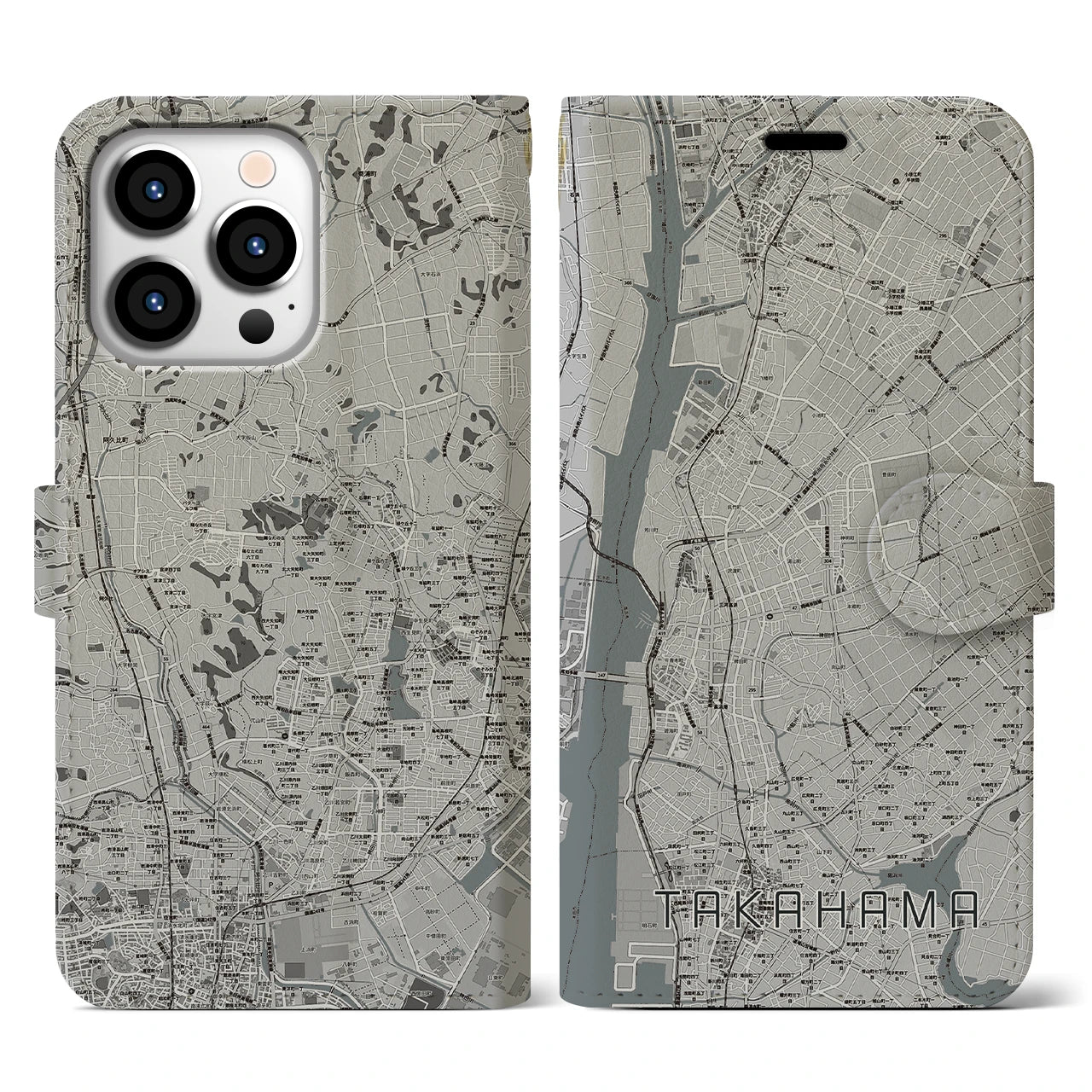 【高浜(愛知県)】地図柄iPhoneケース(手帳タイプ)モノトーン・iPhone 13 Pro 用