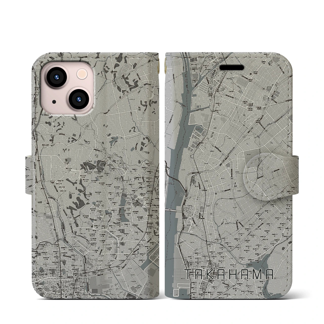 【高浜(愛知県)】地図柄iPhoneケース(手帳タイプ)モノトーン・iPhone 13 mini 用