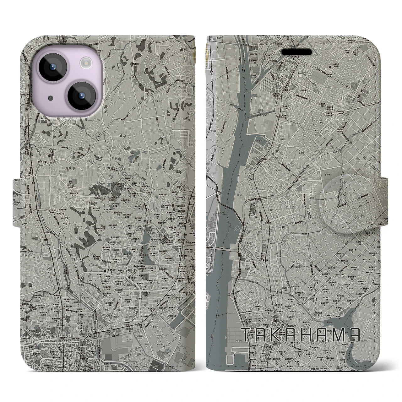 【高浜(愛知県)】地図柄iPhoneケース(手帳タイプ)モノトーン・iPhone 14 用