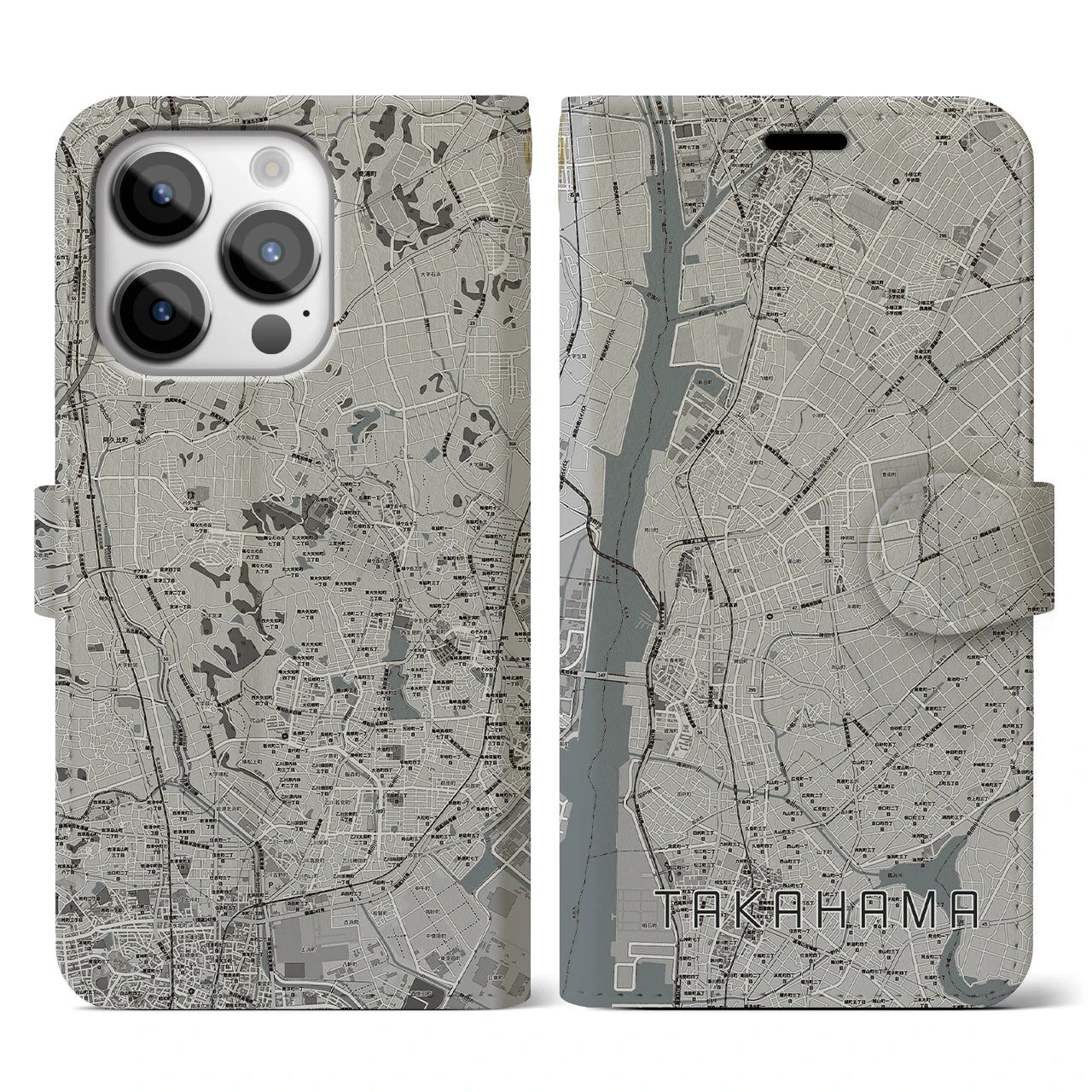 【高浜(愛知県)】地図柄iPhoneケース(手帳タイプ)モノトーン・iPhone 14 Pro 用