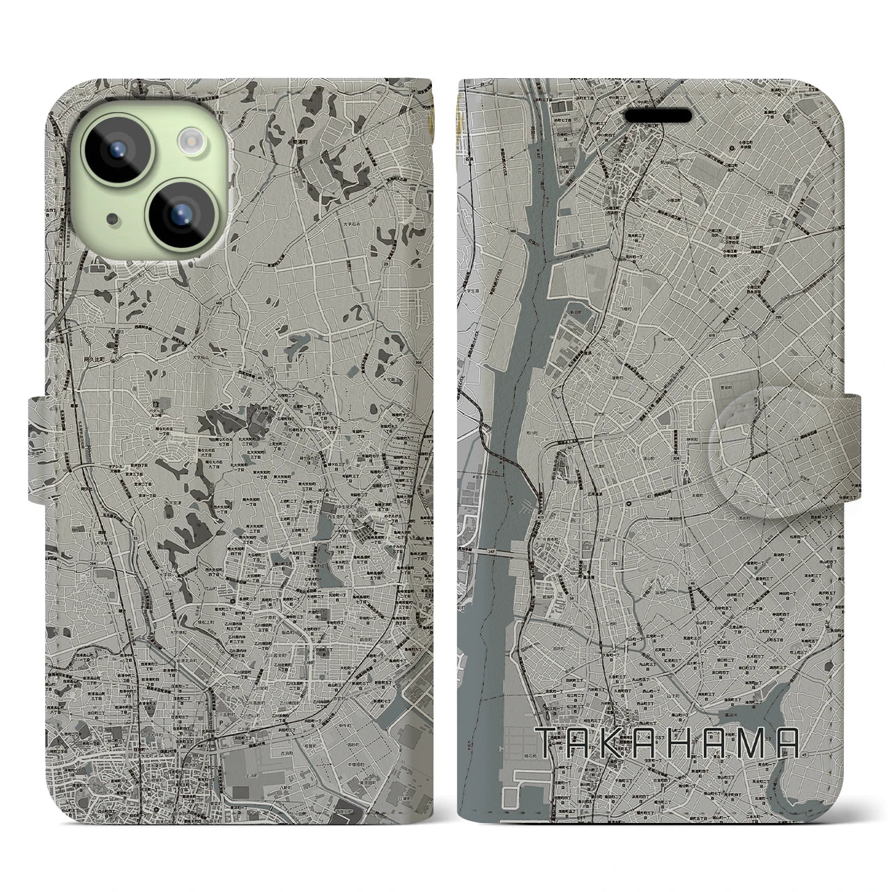 【高浜(愛知県)】地図柄iPhoneケース(手帳タイプ)モノトーン・iPhone 15 用