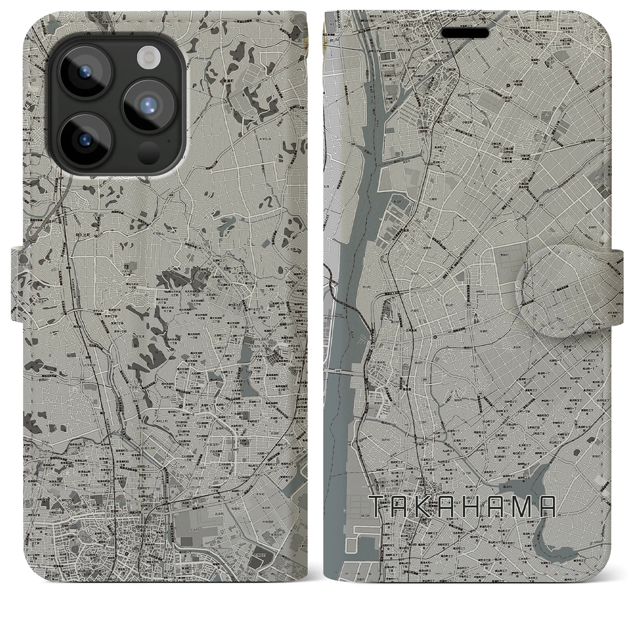 【高浜(愛知県)】地図柄iPhoneケース(手帳タイプ)モノトーン・iPhone 15 Pro Max 用