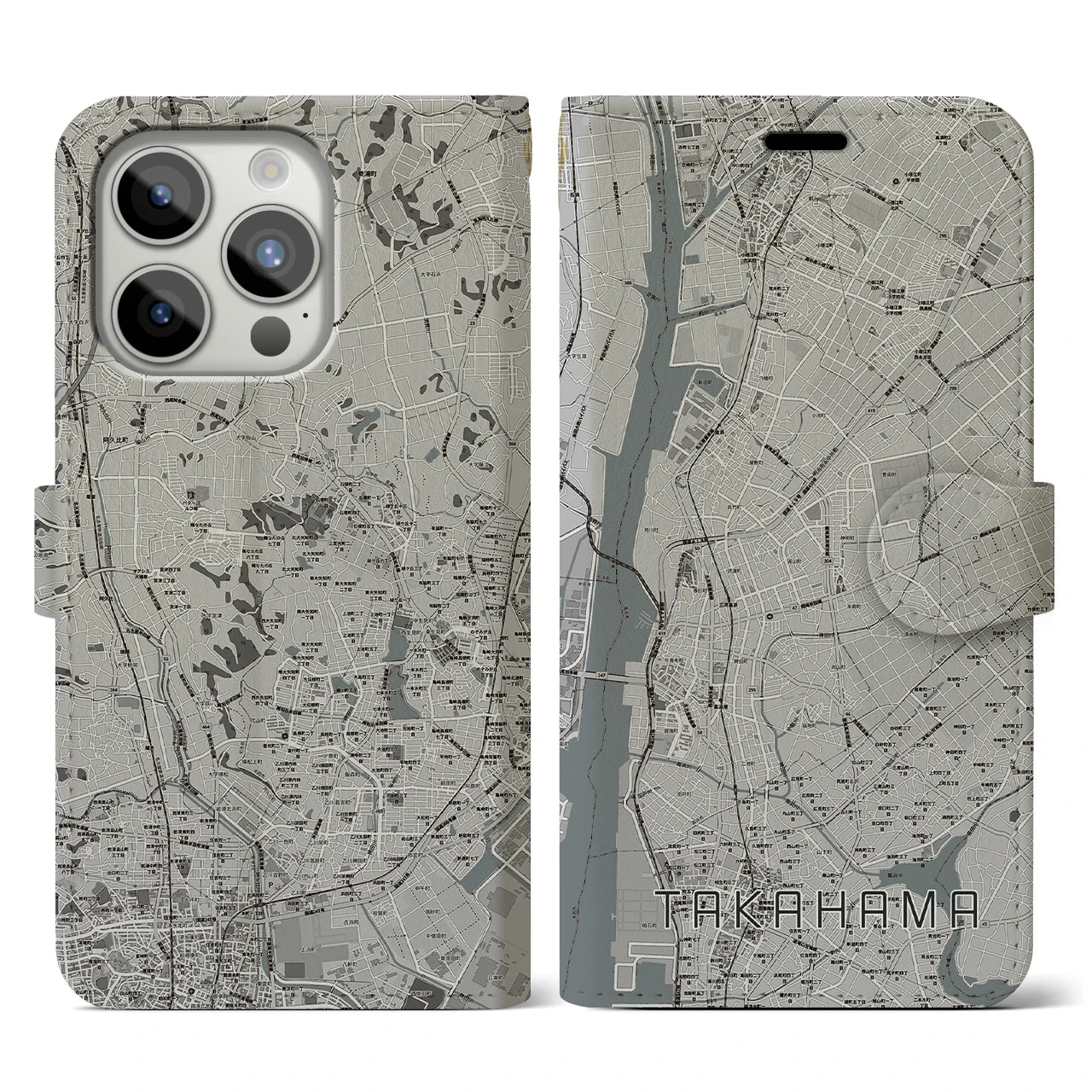 【高浜(愛知県)】地図柄iPhoneケース(手帳タイプ)モノトーン・iPhone 15 Pro 用