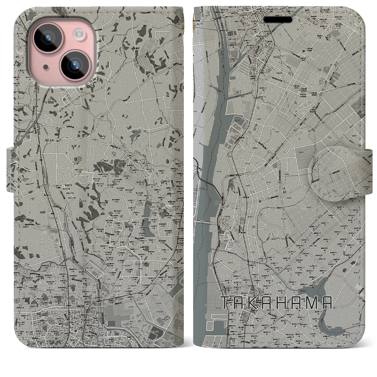 【高浜(愛知県)】地図柄iPhoneケース(手帳タイプ)モノトーン・iPhone 15 Plus 用