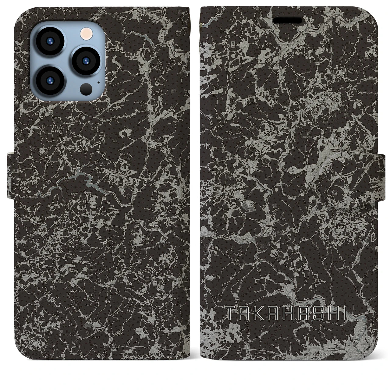 【高梁(岡山県)】地図柄iPhoneケース(手帳タイプ)モノトーン・iPhone 13 Pro Max 用