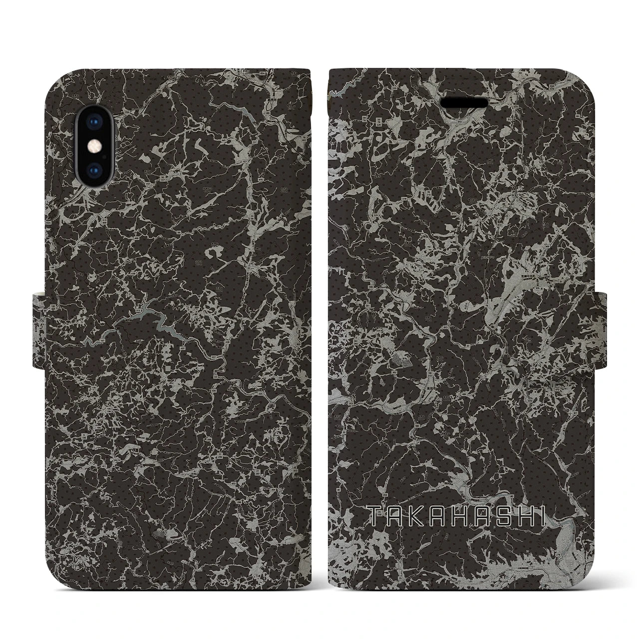 【高梁(岡山県)】地図柄iPhoneケース(手帳タイプ)モノトーン・iPhone XS / X 用