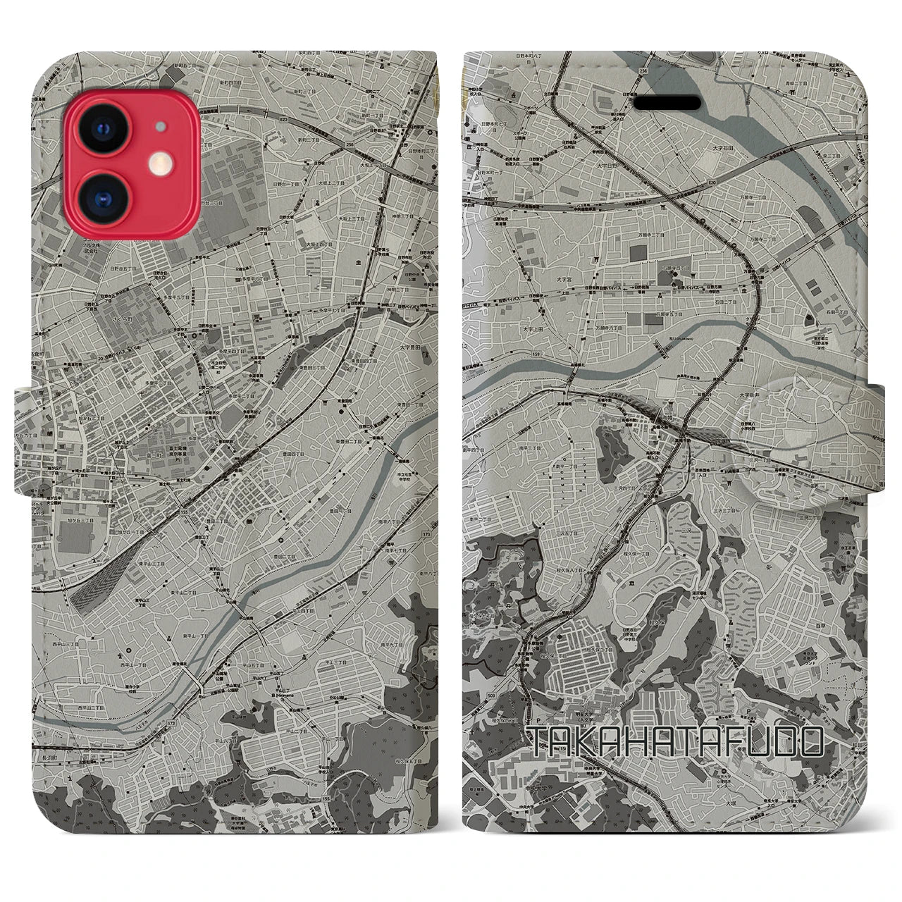 【高幡不動(東京都)】地図柄iPhoneケース(手帳タイプ)モノトーン・iPhone 11 用