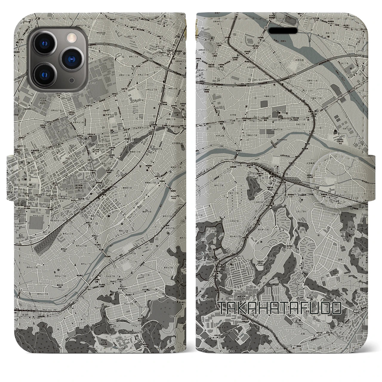 【高幡不動(東京都)】地図柄iPhoneケース(手帳タイプ)モノトーン・iPhone 11 Pro Max 用
