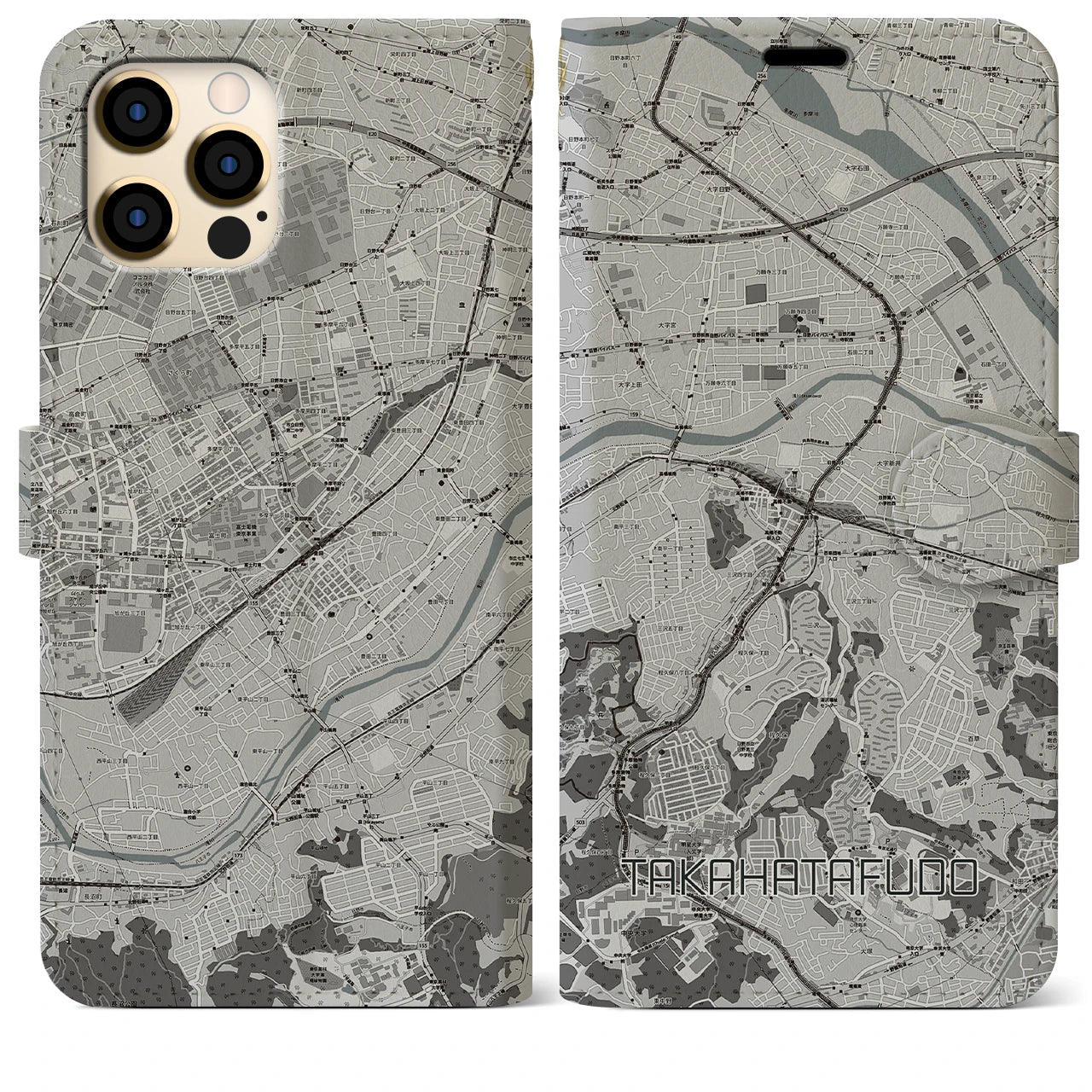 【高幡不動(東京都)】地図柄iPhoneケース(手帳タイプ)モノトーン・iPhone 12 Pro Max 用