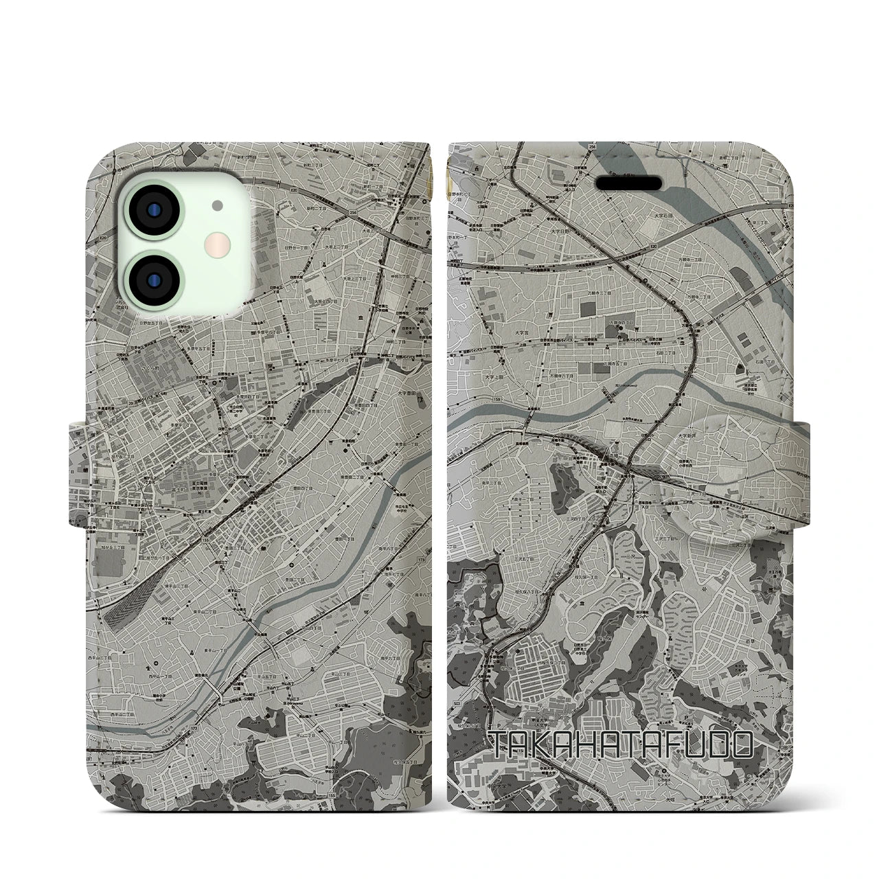 【高幡不動(東京都)】地図柄iPhoneケース(手帳タイプ)モノトーン・iPhone 12 mini 用