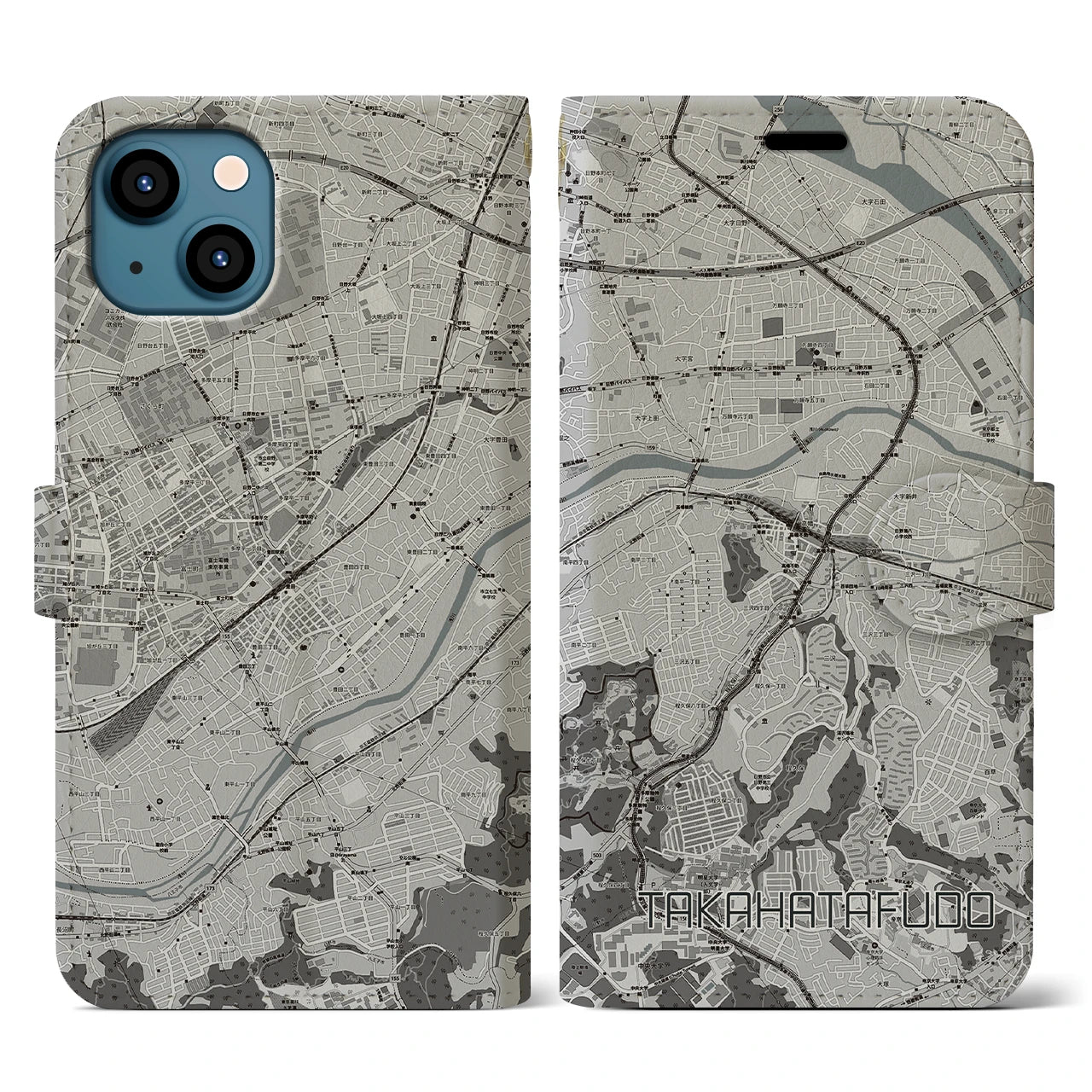 【高幡不動(東京都)】地図柄iPhoneケース(手帳タイプ)モノトーン・iPhone 13 用