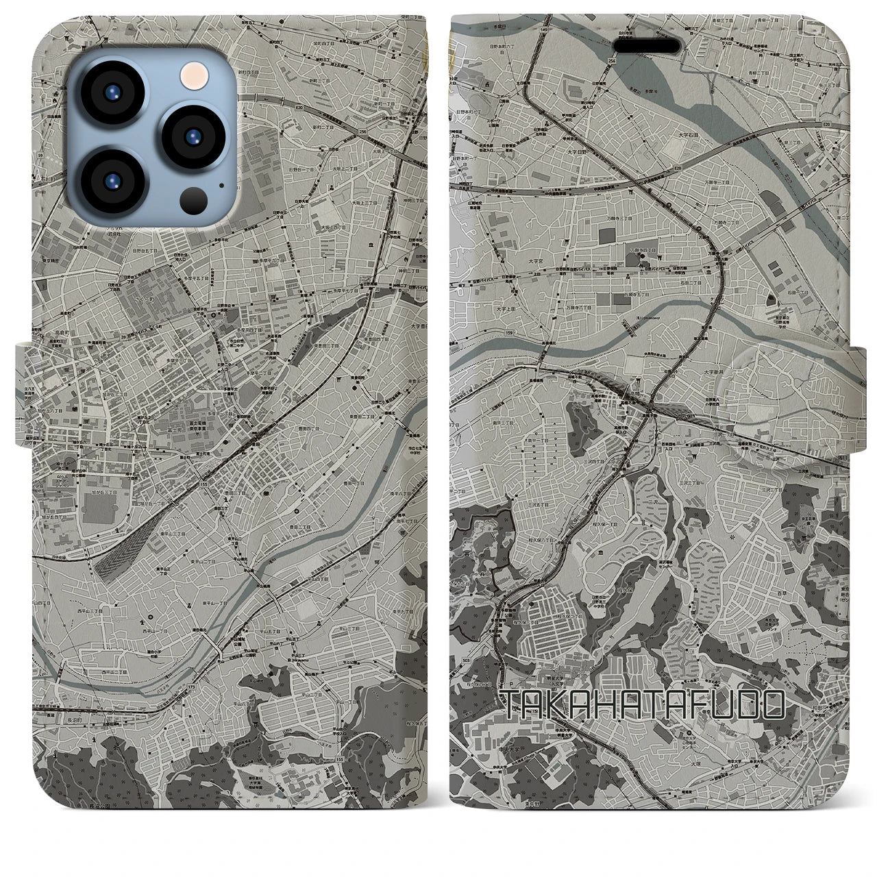 【高幡不動(東京都)】地図柄iPhoneケース(手帳タイプ)モノトーン・iPhone 13 Pro Max 用