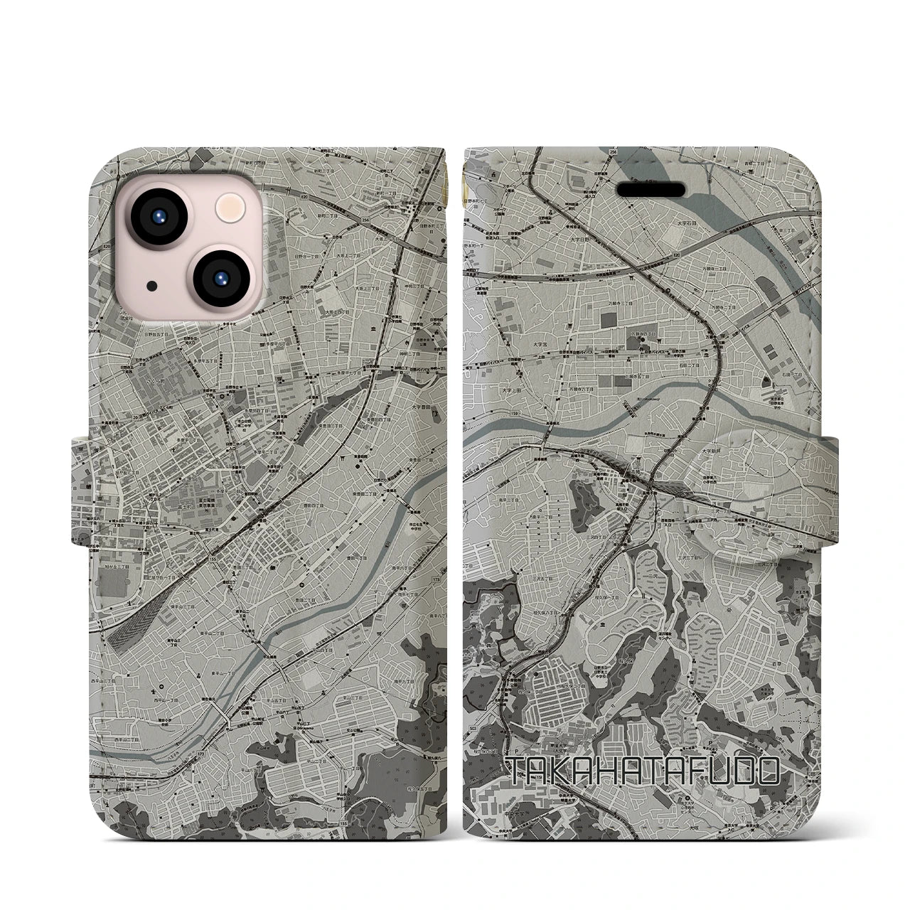 【高幡不動(東京都)】地図柄iPhoneケース(手帳タイプ)モノトーン・iPhone 13 mini 用