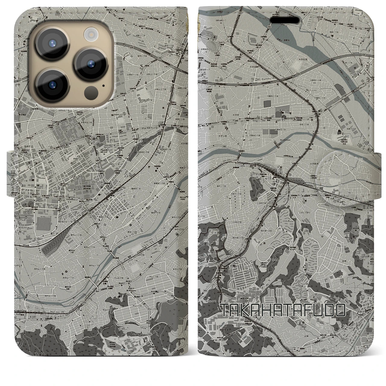 【高幡不動(東京都)】地図柄iPhoneケース(手帳タイプ)モノトーン・iPhone 14 Pro Max 用