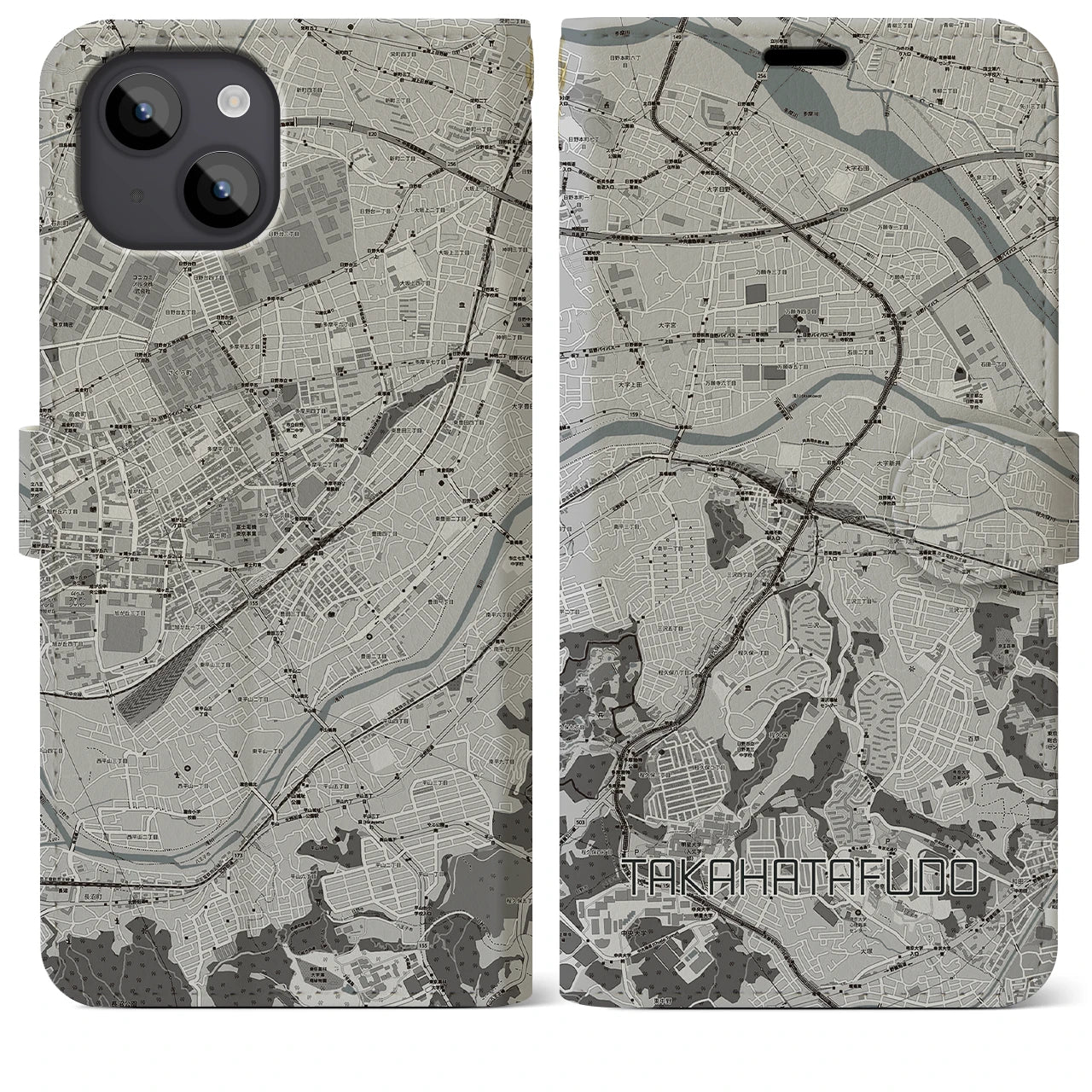 【高幡不動(東京都)】地図柄iPhoneケース(手帳タイプ)モノトーン・iPhone 14 Plus 用