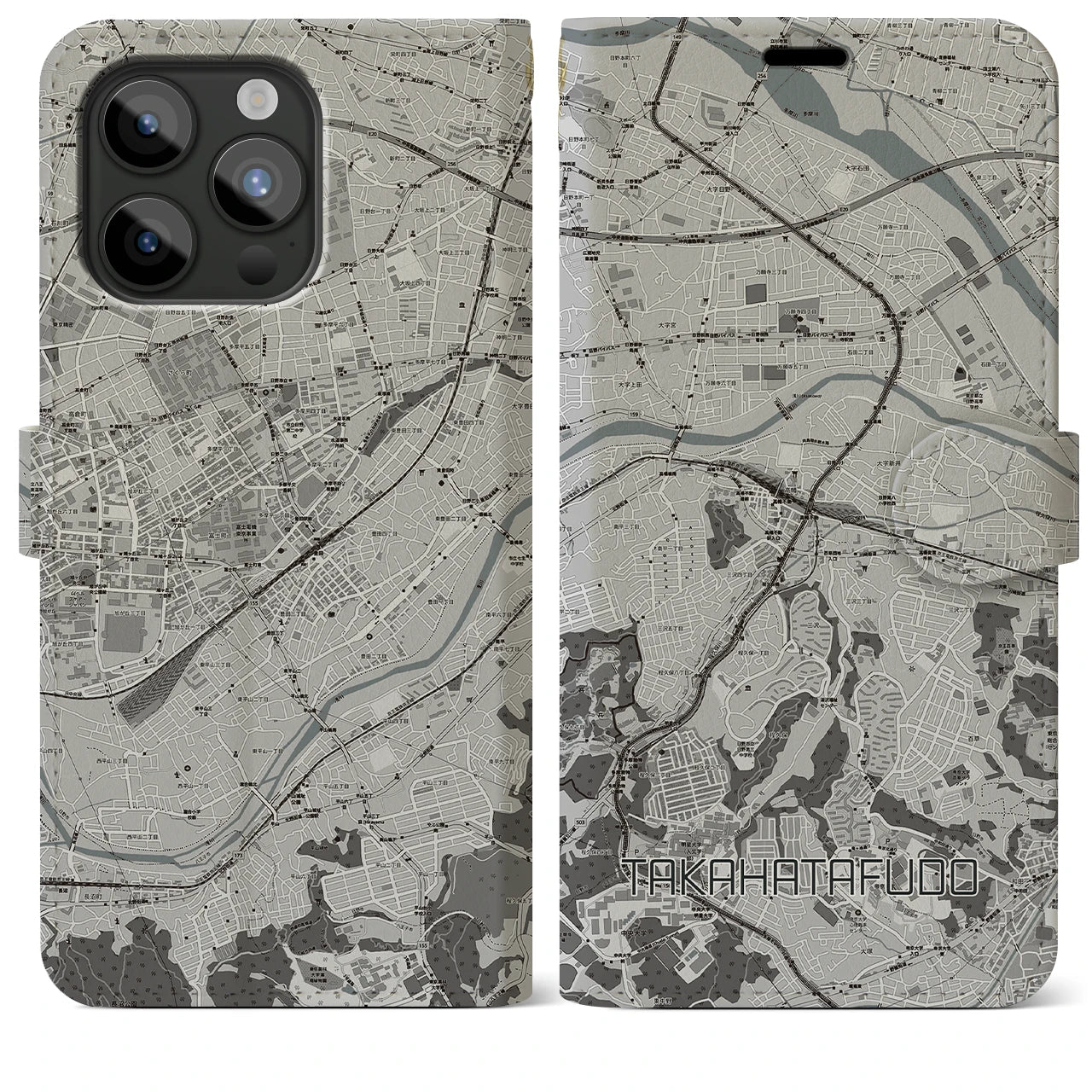 【高幡不動(東京都)】地図柄iPhoneケース(手帳タイプ)モノトーン・iPhone 15 Pro Max 用