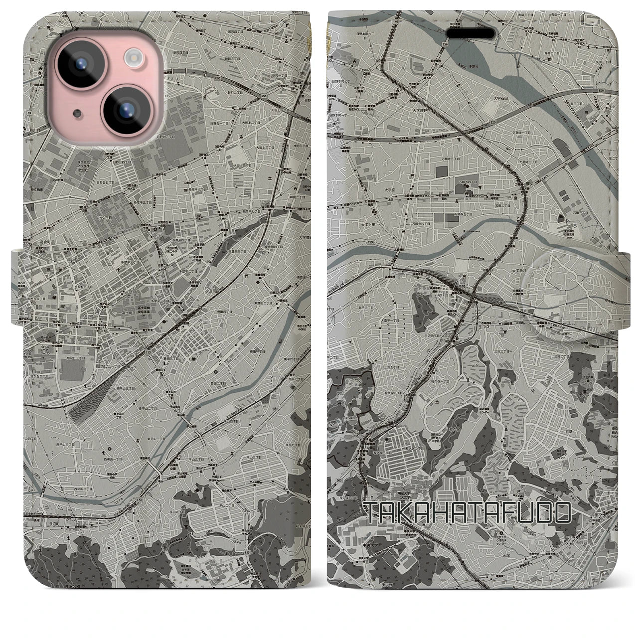 【高幡不動(東京都)】地図柄iPhoneケース(手帳タイプ)モノトーン・iPhone 15 Plus 用