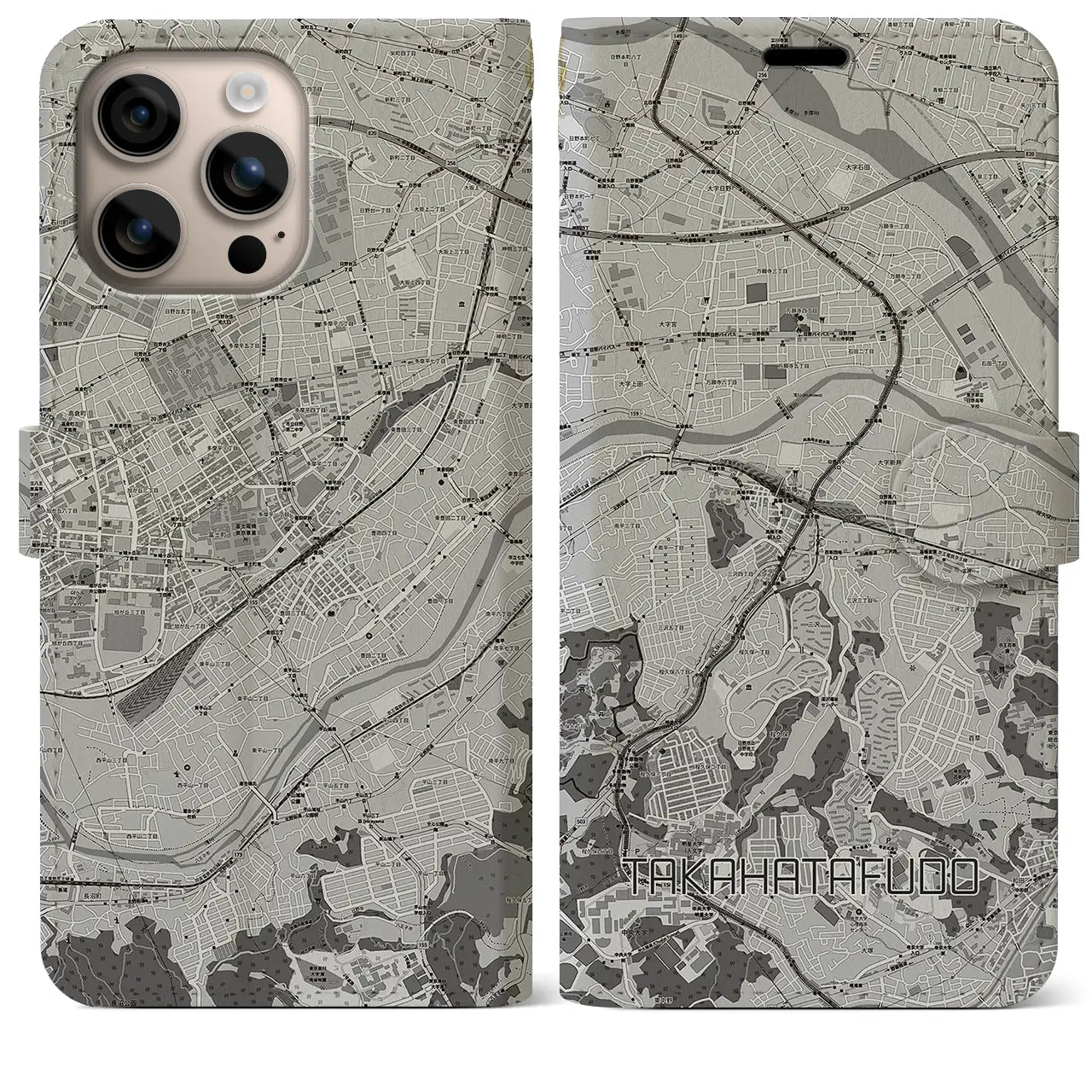 【高幡不動(東京都)】地図柄iPhoneケース(手帳タイプ)モノトーン・iPhone 16 Plus 用