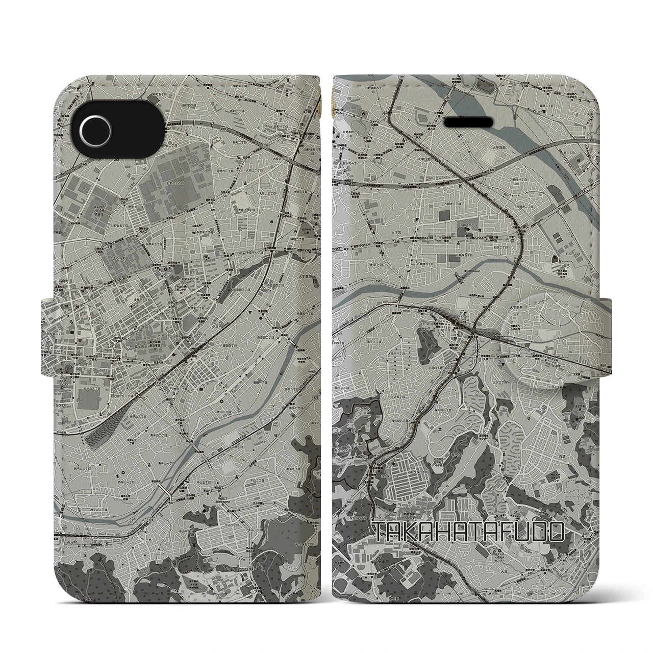【高幡不動(東京都)】地図柄iPhoneケース(手帳タイプ)モノトーン・iPhone SE(第3 / 第2世代) / 8 / 7 / 6s / 6 用