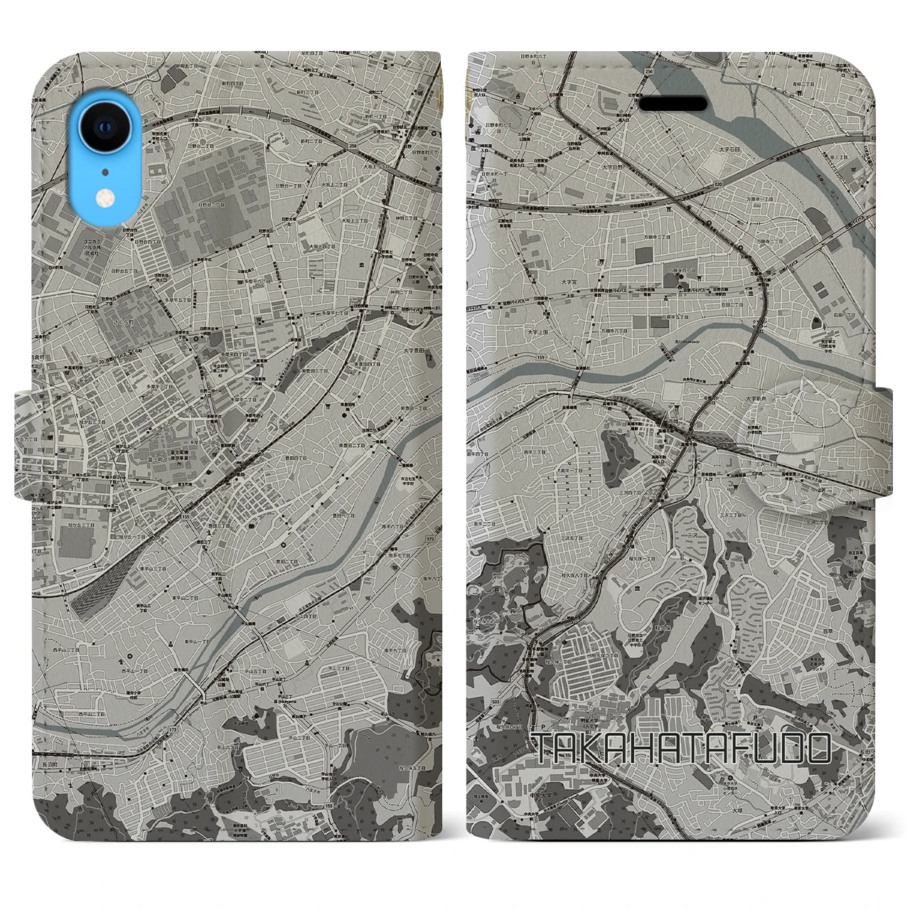 【高幡不動(東京都)】地図柄iPhoneケース(手帳タイプ)モノトーン・iPhone XR 用