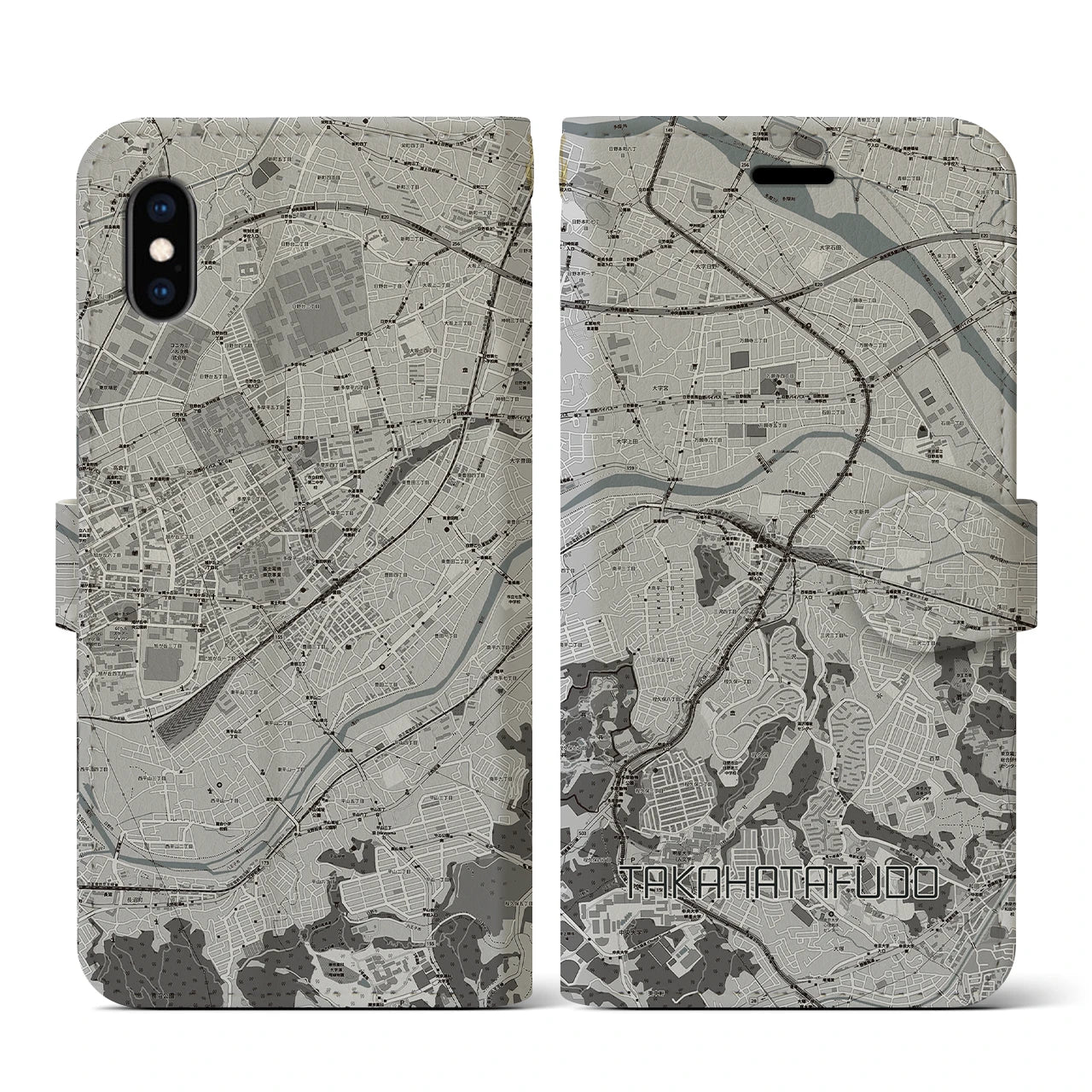 【高幡不動(東京都)】地図柄iPhoneケース(手帳タイプ)モノトーン・iPhone XS / X 用