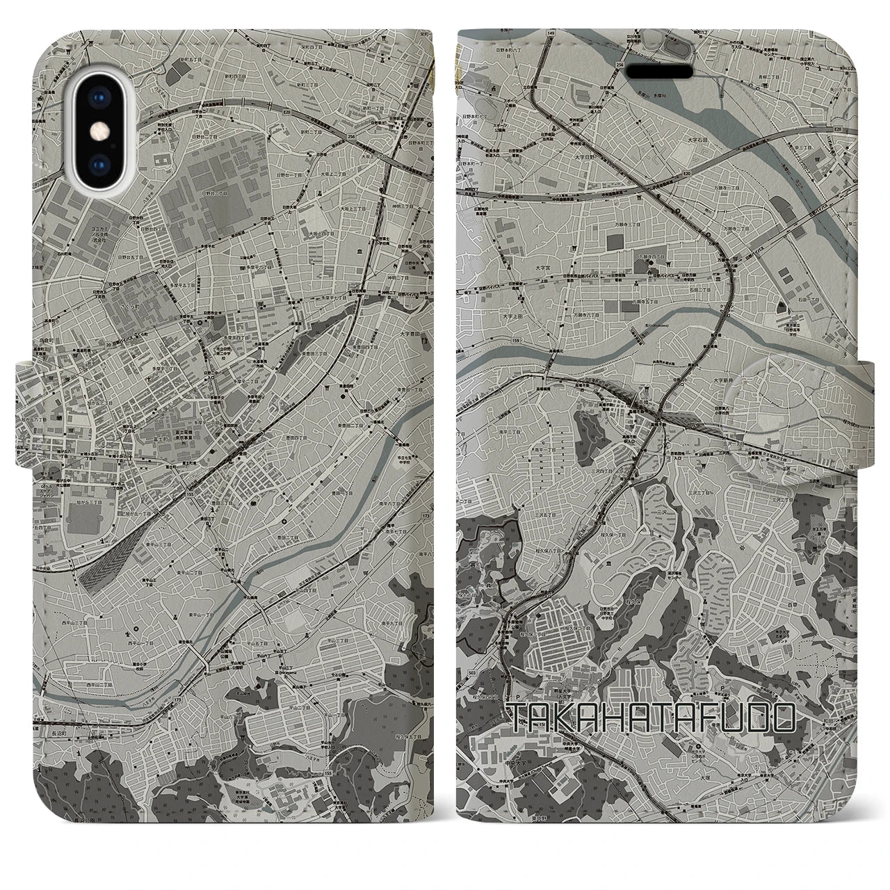 【高幡不動(東京都)】地図柄iPhoneケース(手帳タイプ)モノトーン・iPhone XS Max 用