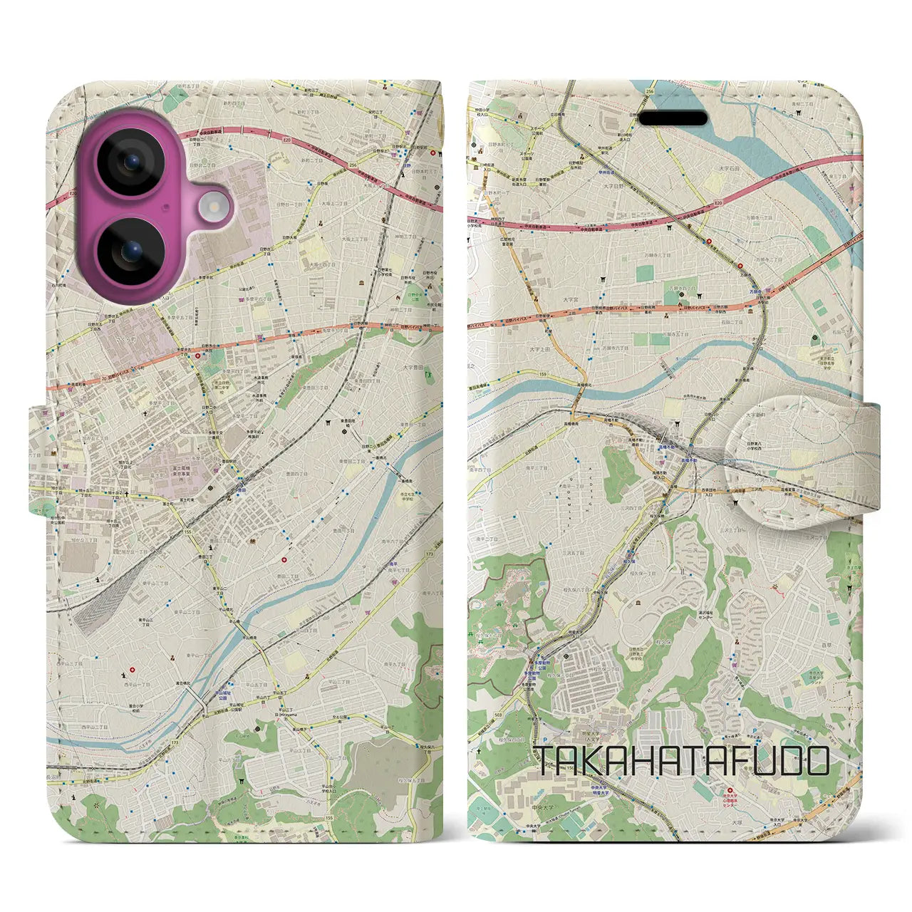 【高幡不動(東京都)】地図柄iPhoneケース(手帳タイプ)ナチュラル・iPhone 16 Pro 用