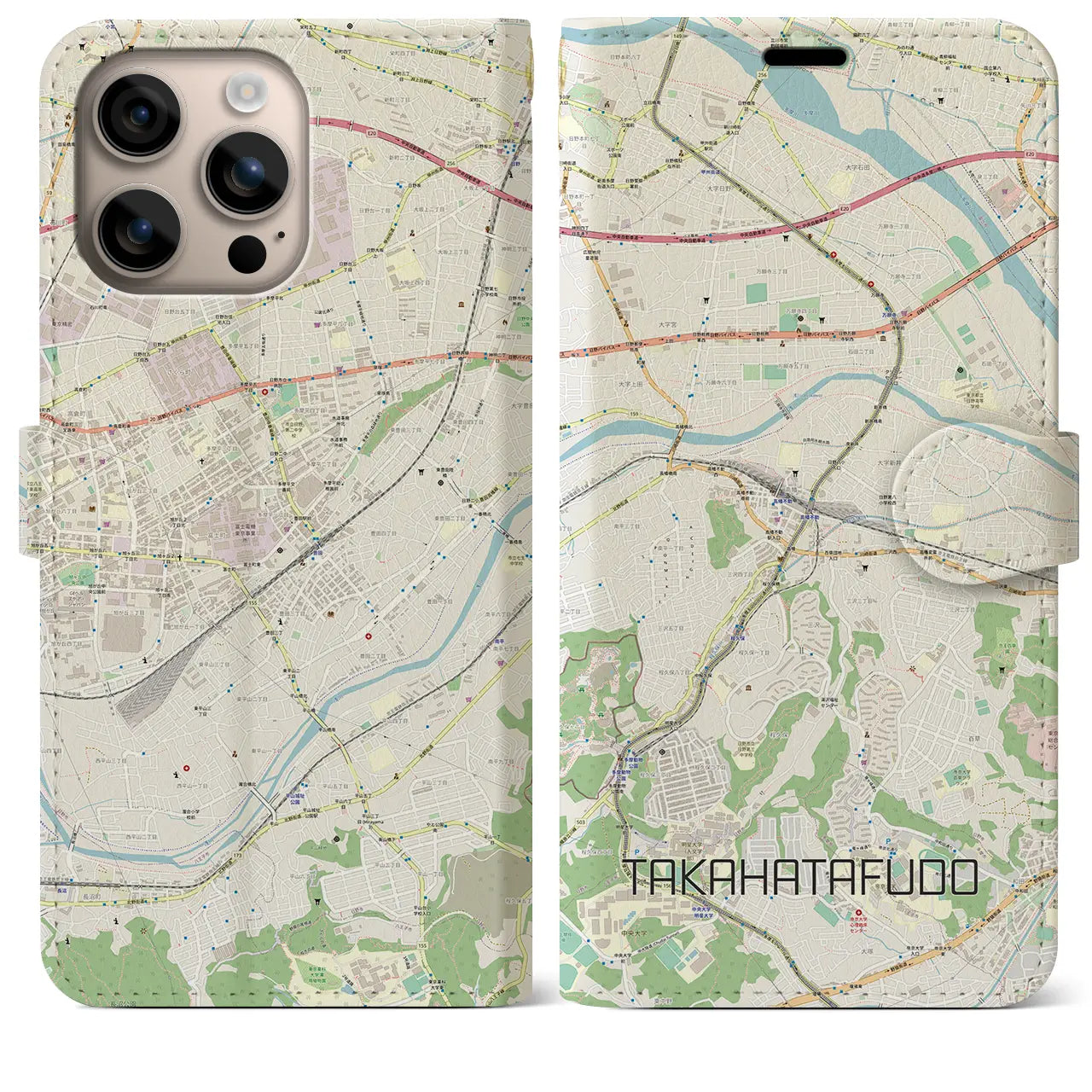 【高幡不動(東京都)】地図柄iPhoneケース(手帳タイプ)ナチュラル・iPhone 16 Plus 用