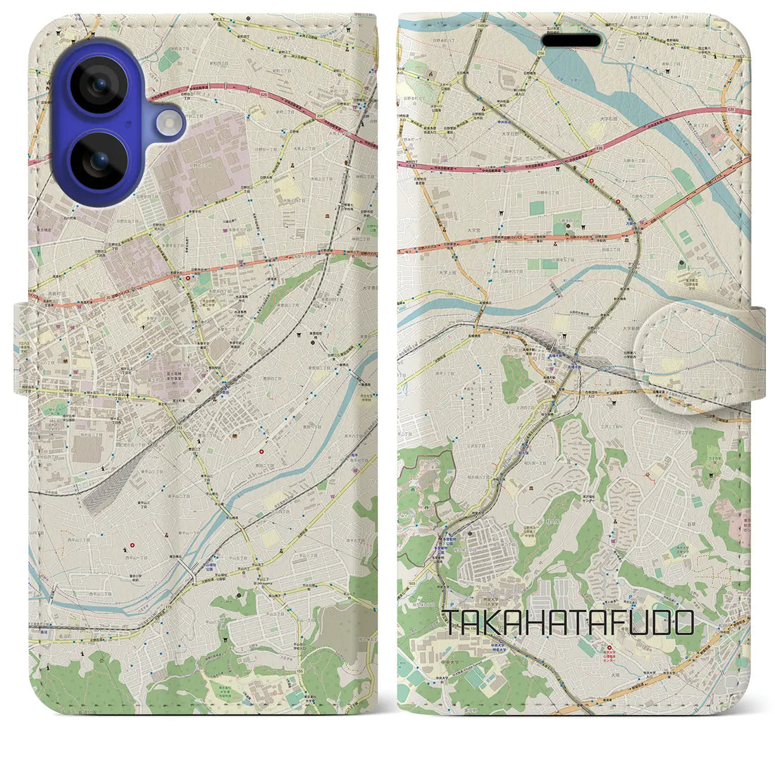 【高幡不動(東京都)】地図柄iPhoneケース(手帳タイプ)ナチュラル・iPhone 16 Pro Max 用