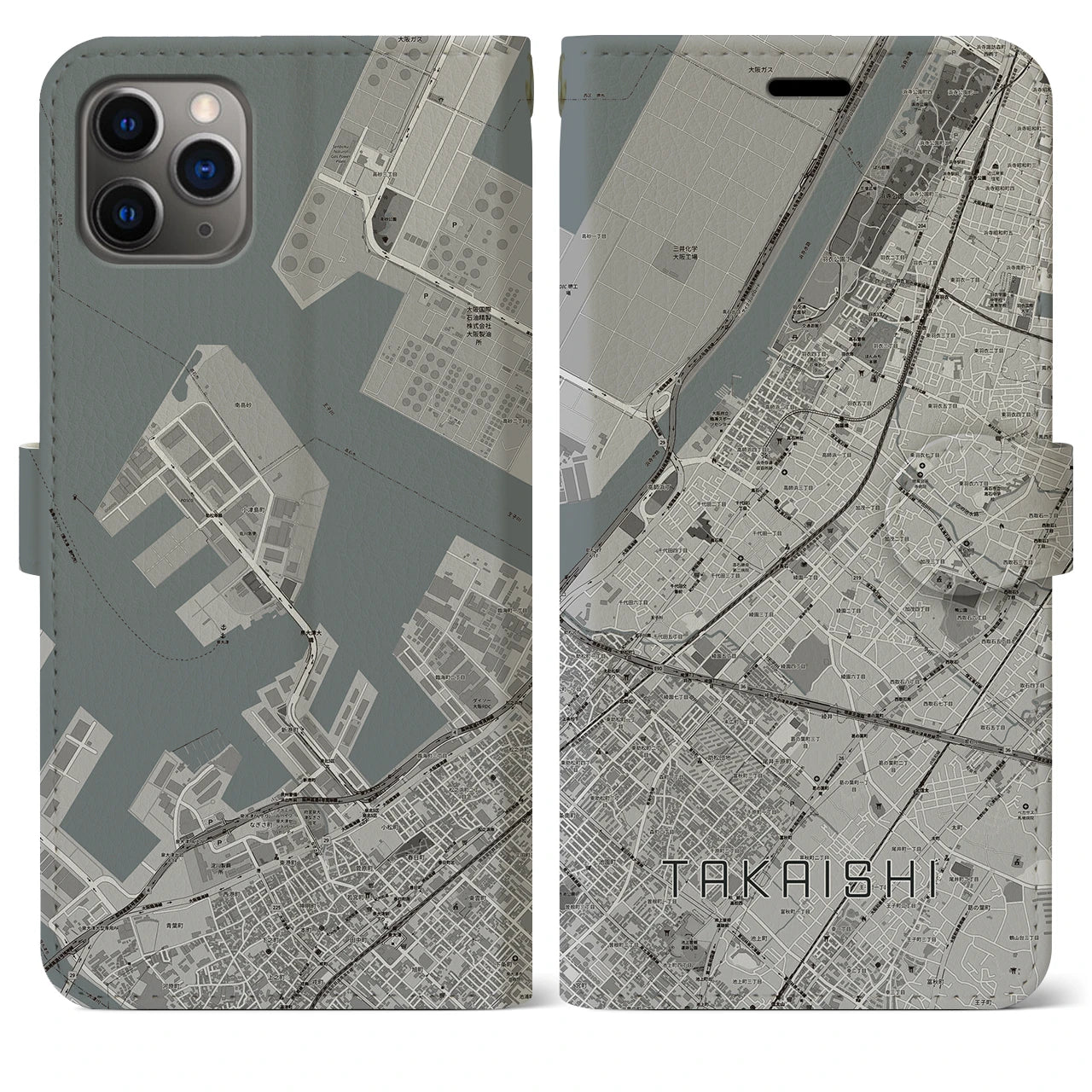 【高石(大阪府)】地図柄iPhoneケース(手帳タイプ)モノトーン・iPhone 11 Pro Max 用