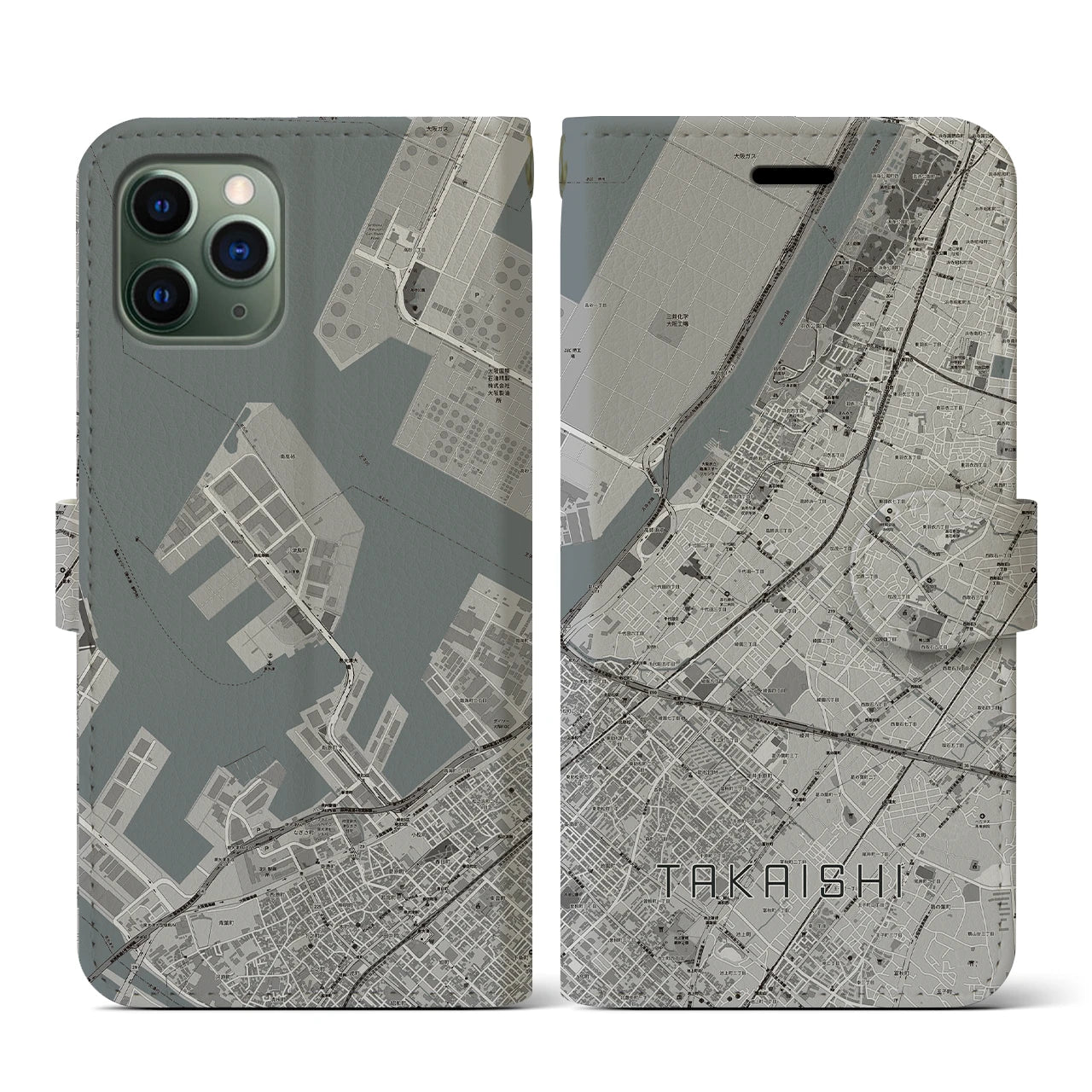 【高石(大阪府)】地図柄iPhoneケース(手帳タイプ)モノトーン・iPhone 11 Pro 用