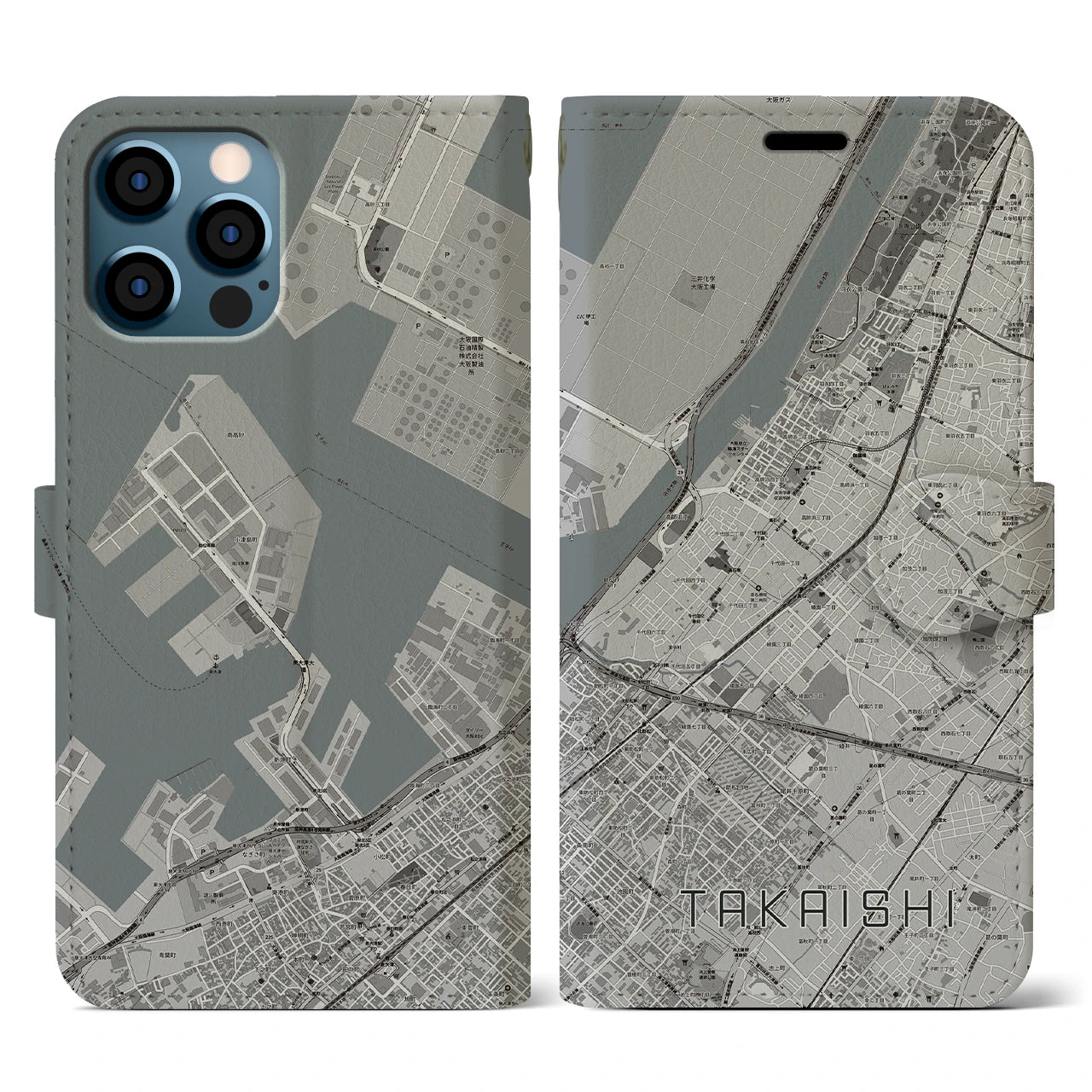 【高石(大阪府)】地図柄iPhoneケース(手帳タイプ)モノトーン・iPhone 12 / 12 Pro 用