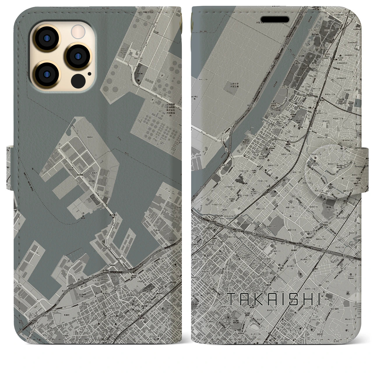 【高石(大阪府)】地図柄iPhoneケース(手帳タイプ)モノトーン・iPhone 12 Pro Max 用