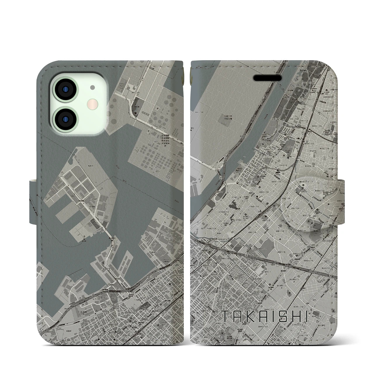 【高石(大阪府)】地図柄iPhoneケース(手帳タイプ)モノトーン・iPhone 12 mini 用