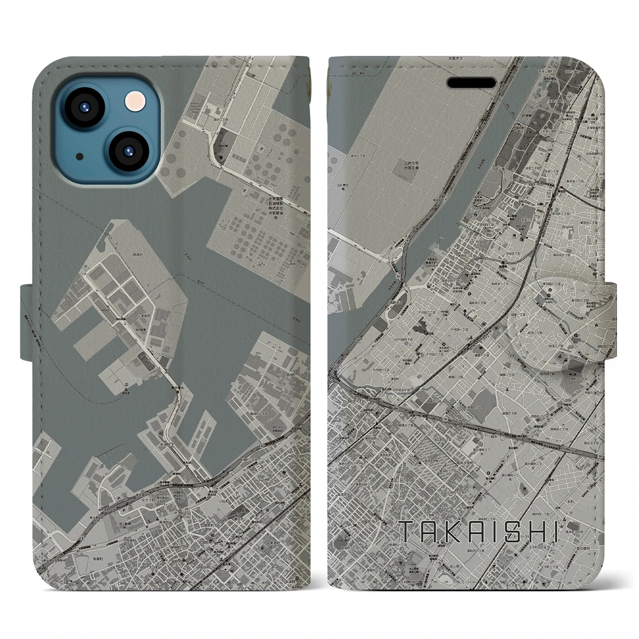 【高石(大阪府)】地図柄iPhoneケース(手帳タイプ)モノトーン・iPhone 13 用