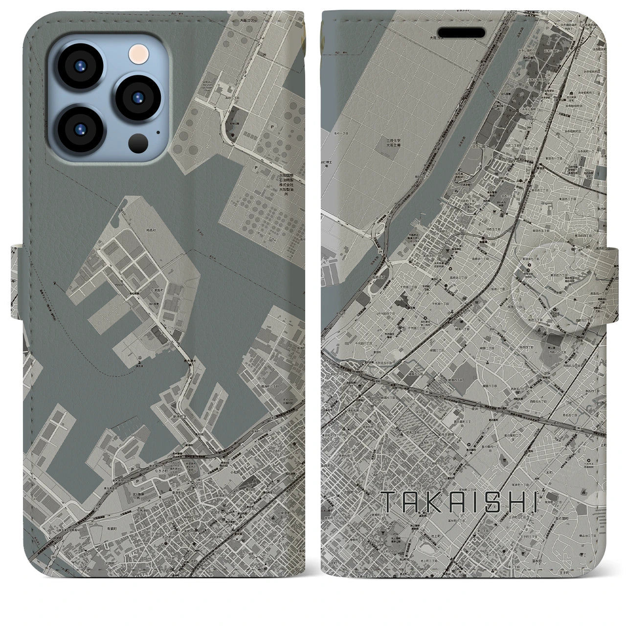 【高石(大阪府)】地図柄iPhoneケース(手帳タイプ)モノトーン・iPhone 13 Pro Max 用