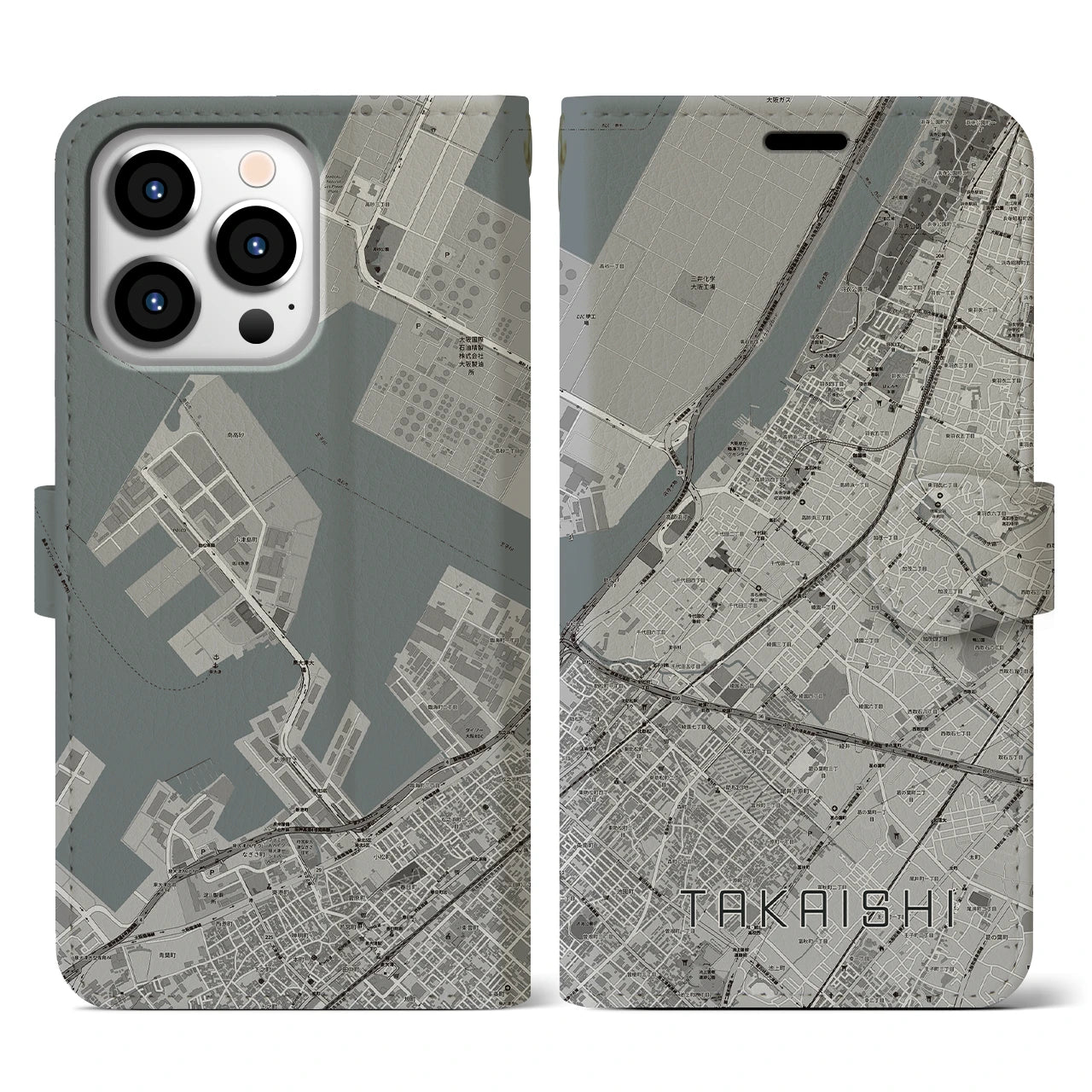 【高石(大阪府)】地図柄iPhoneケース(手帳タイプ)モノトーン・iPhone 13 Pro 用