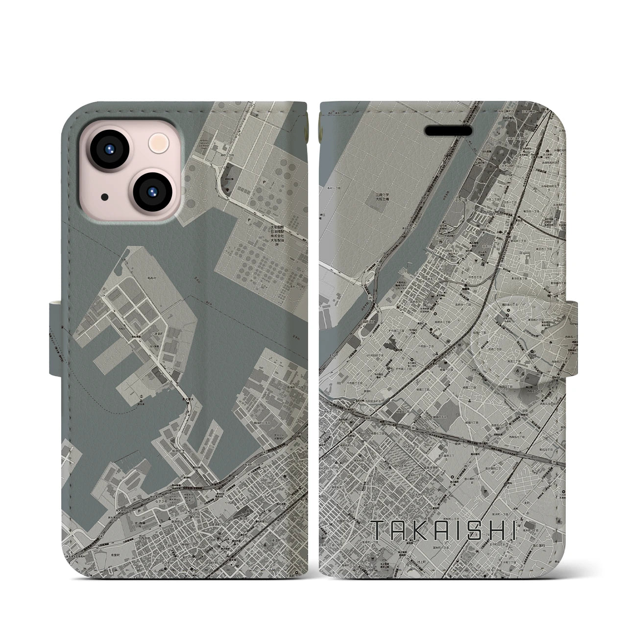 【高石(大阪府)】地図柄iPhoneケース(手帳タイプ)モノトーン・iPhone 13 mini 用