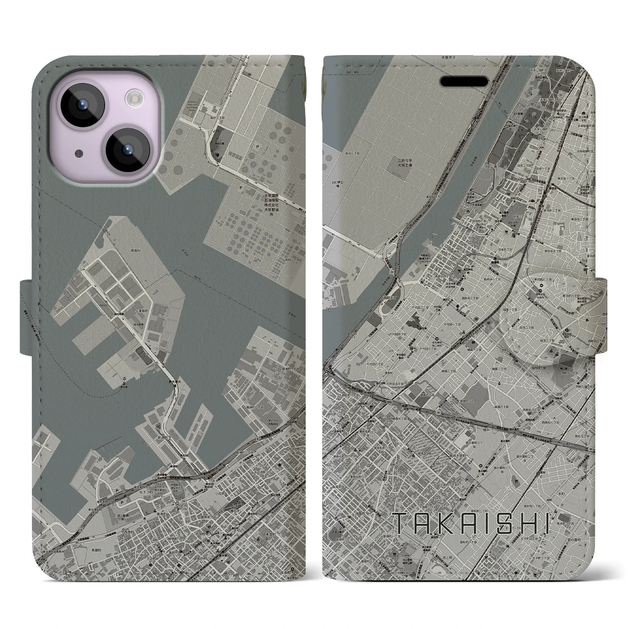 【高石(大阪府)】地図柄iPhoneケース(手帳タイプ)モノトーン・iPhone 14 用