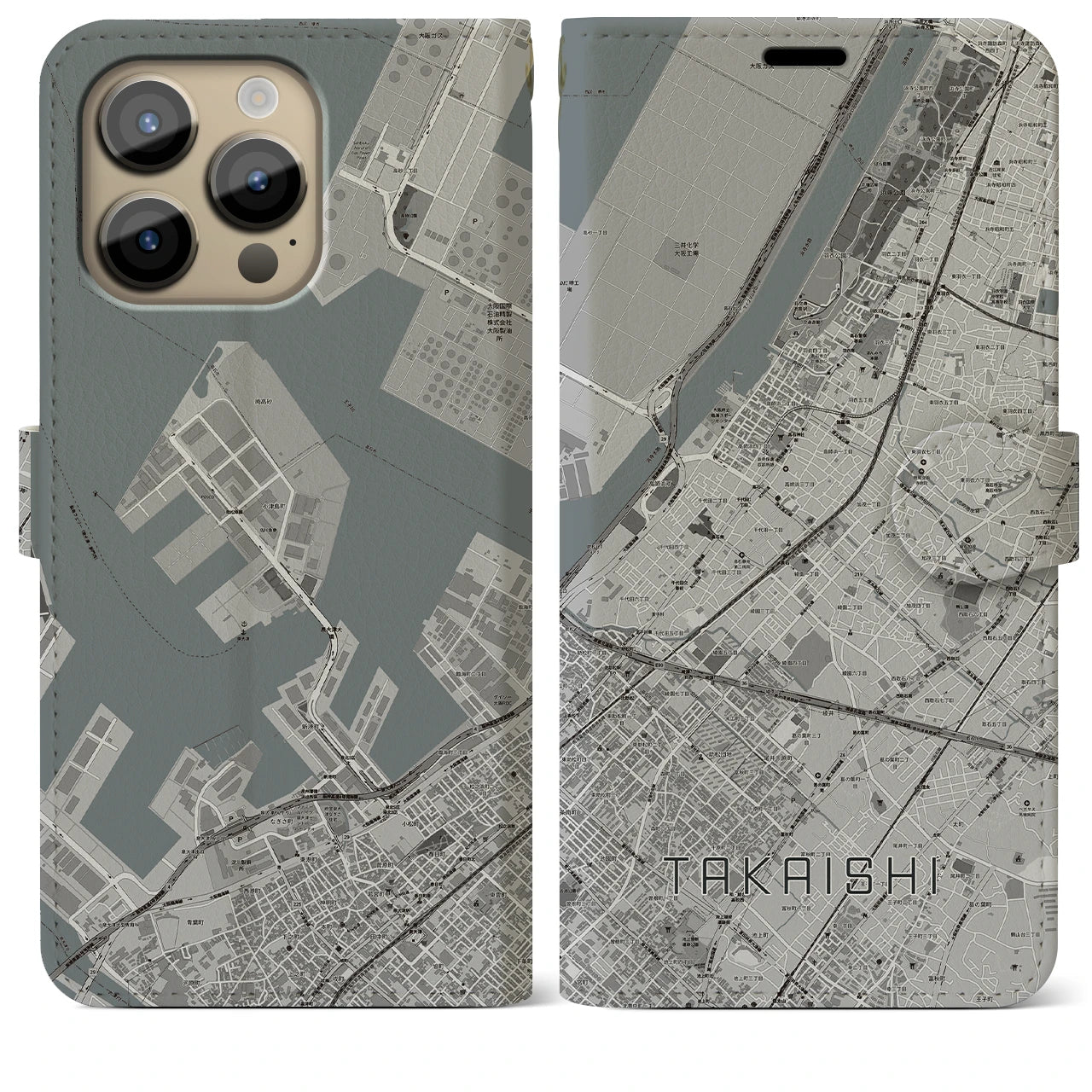 【高石(大阪府)】地図柄iPhoneケース(手帳タイプ)モノトーン・iPhone 14 Pro Max 用